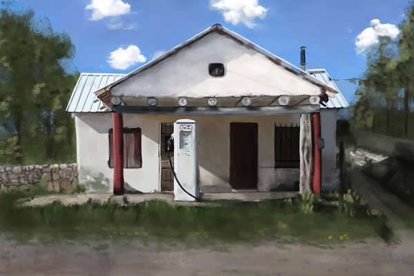 A painting of a house with a gas pump in front of it