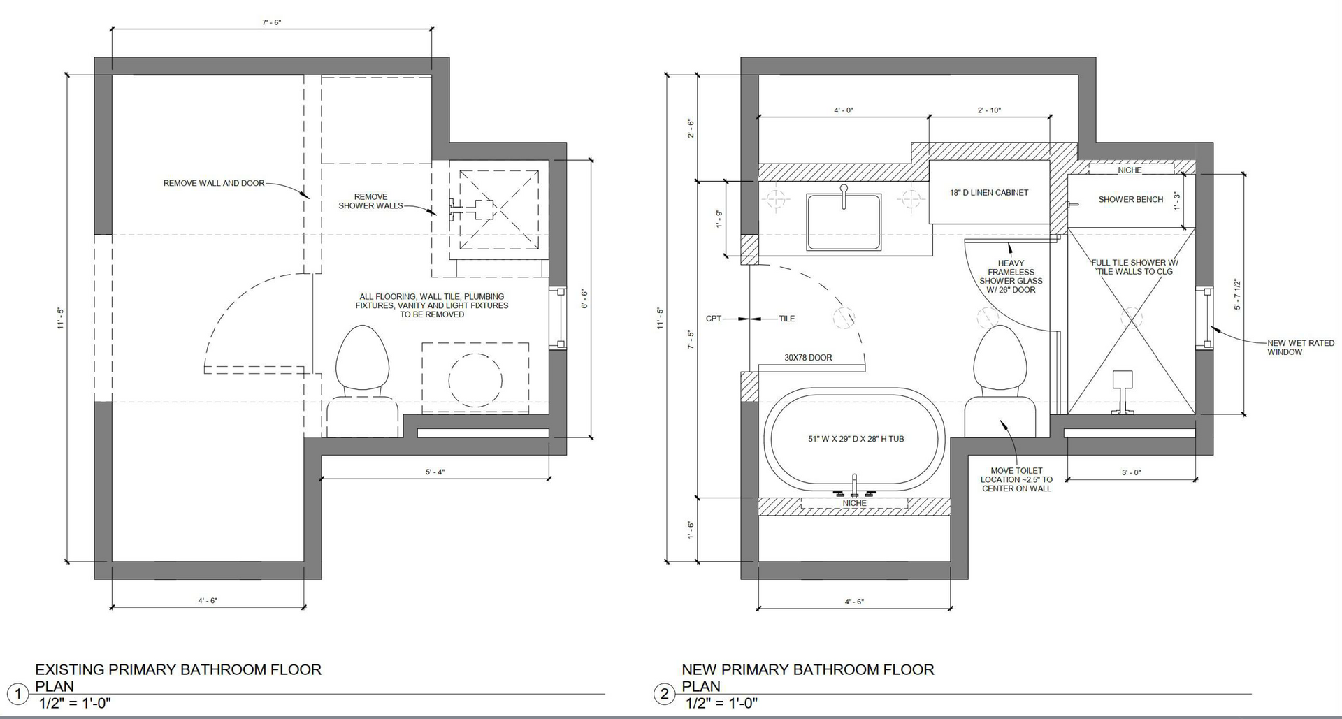 Two bathroom floor plans with dimensions, showing layout of fixtures like toilet, sink, tub, and shower. Two bathroom floor plans with dimensions, showing layout of fixtures like toilet, sink, tub, and shower.