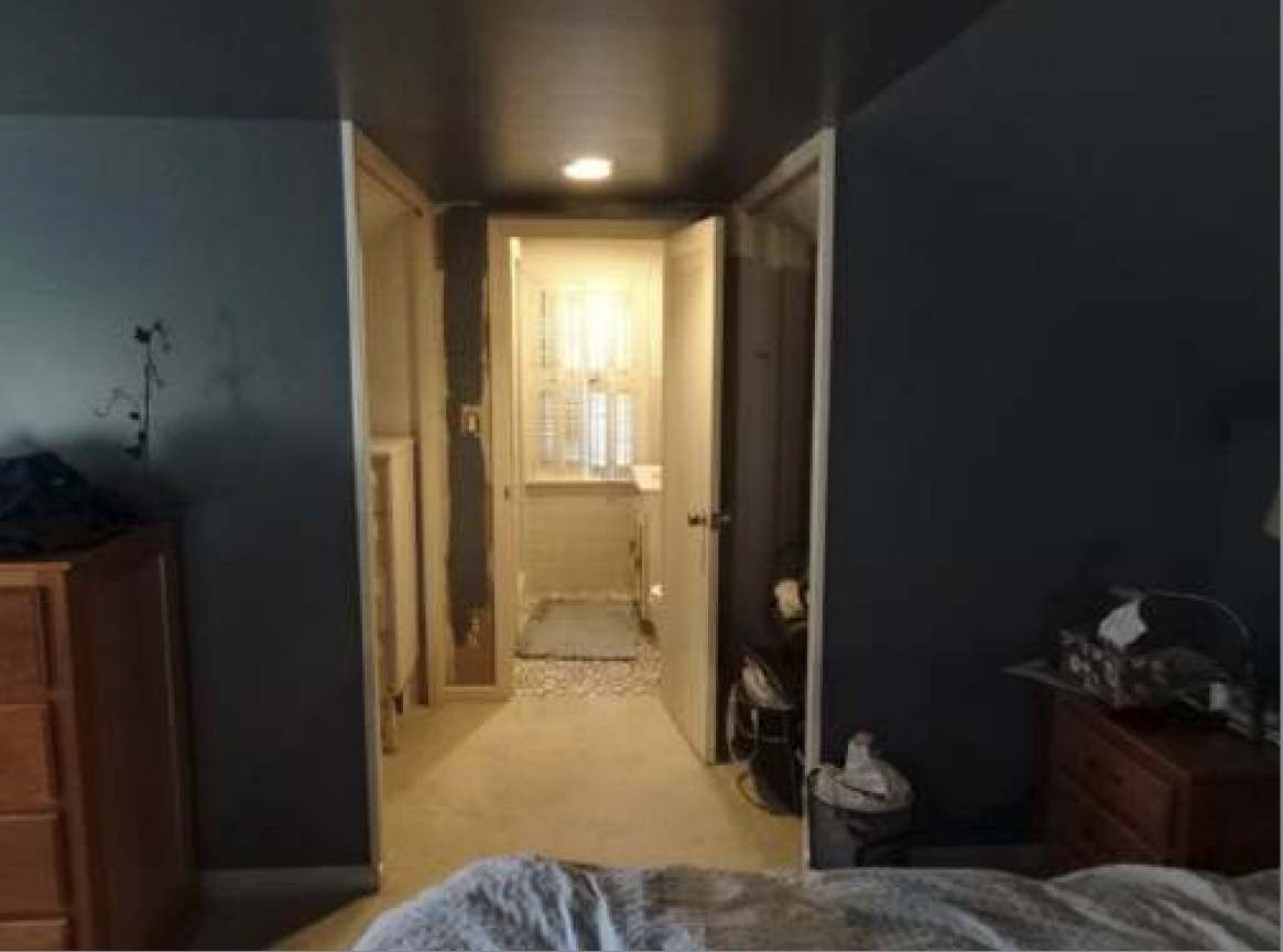Bedroom hallway with a dark blue wall on either side leading to a bathroom.
