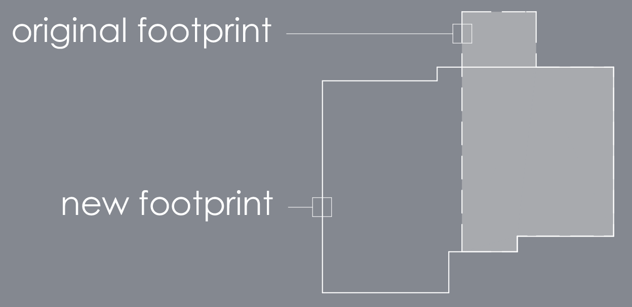 Comparison of building footprints, showing the original footprint and a larger, new footprint in gray. Comparison of building footprints, showing the original footprint and a larger, new footprint in gray.