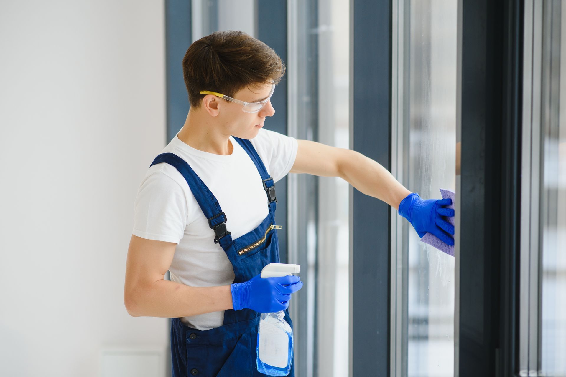 A man is cleaning a window with a sponge and spray bottle.