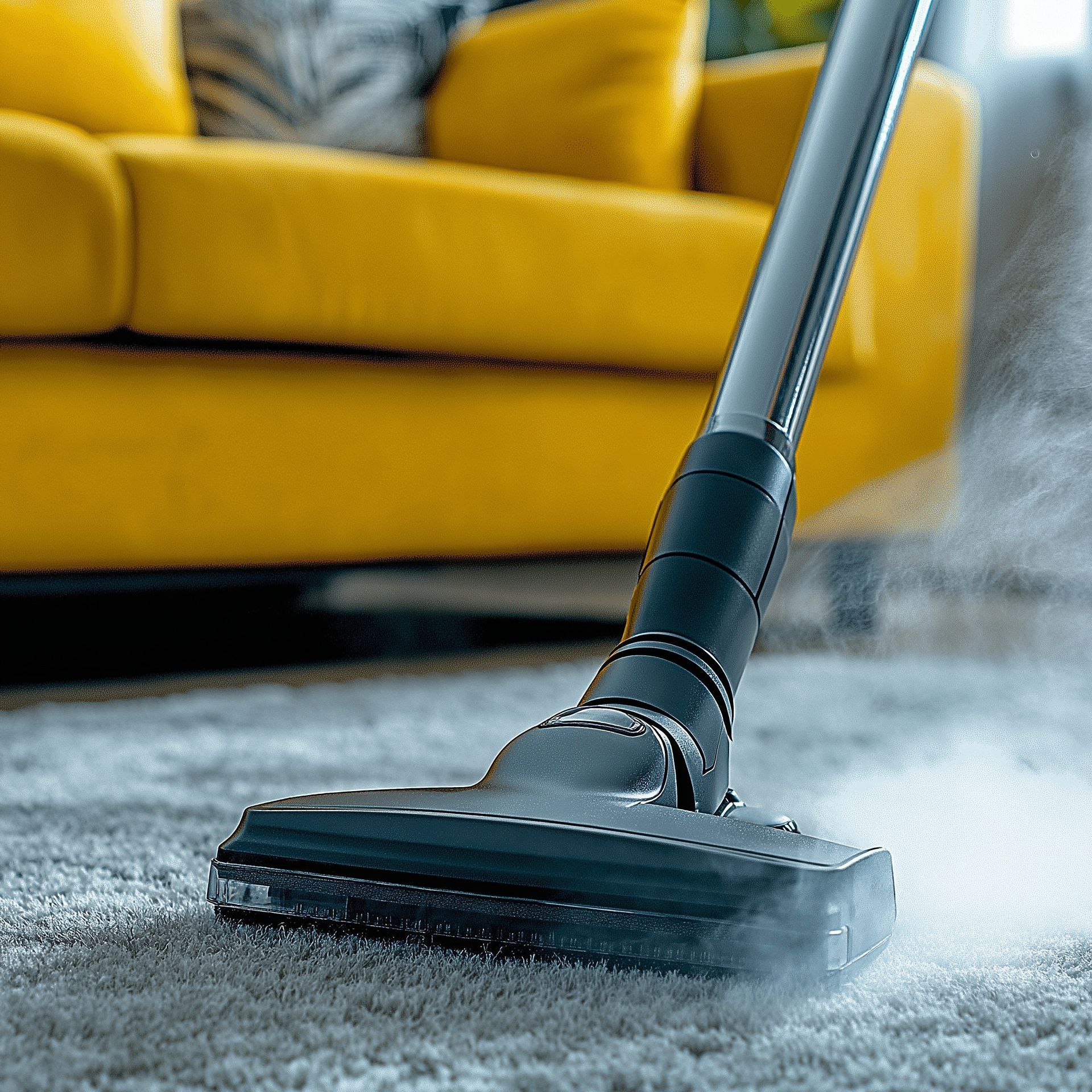A person is using a vacuum cleaner to clean a carpet in a living room.