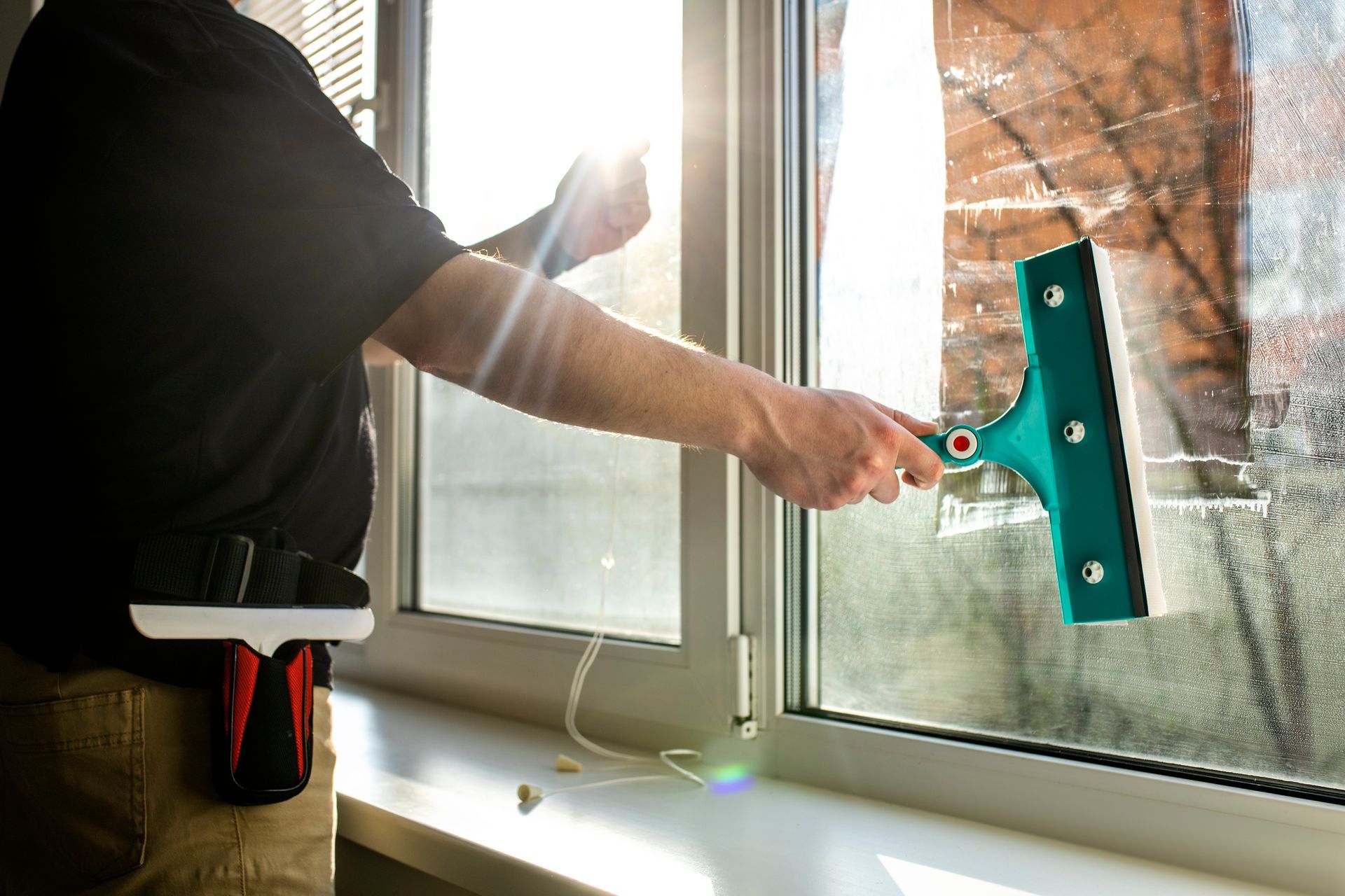 Cleaning a window with a squeegee tool.