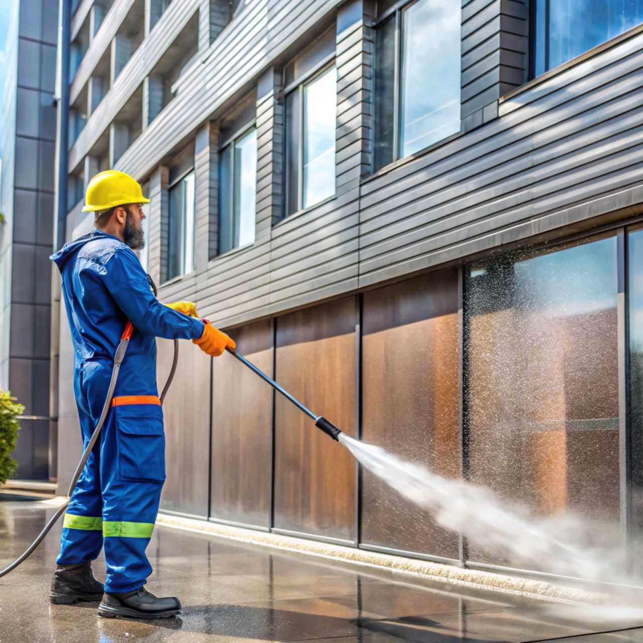 A man is using a high pressure washer to clean a building