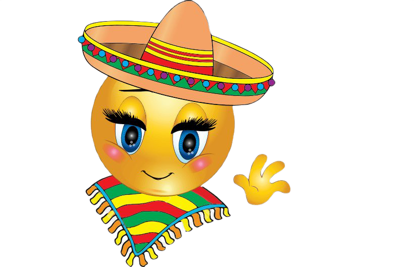 Smiling yellow emoji wearing a sombrero and a colorful poncho, waving.