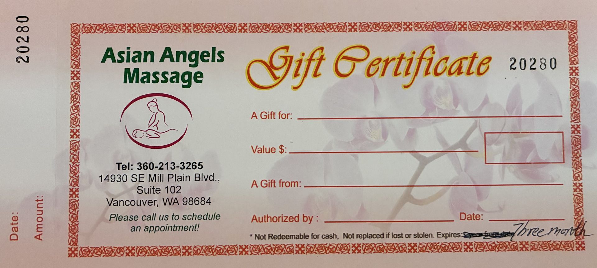 Gift certificate for Asian Angels Massage with a floral background.