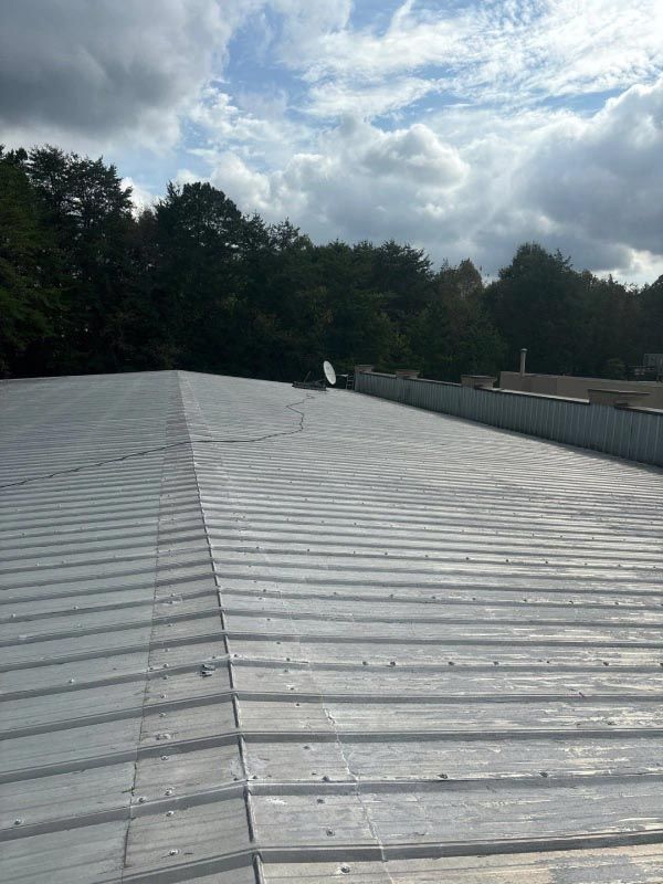 The roof of a building with trees in the background