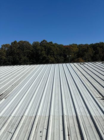 A metal roof with trees in the background on a sunny day.