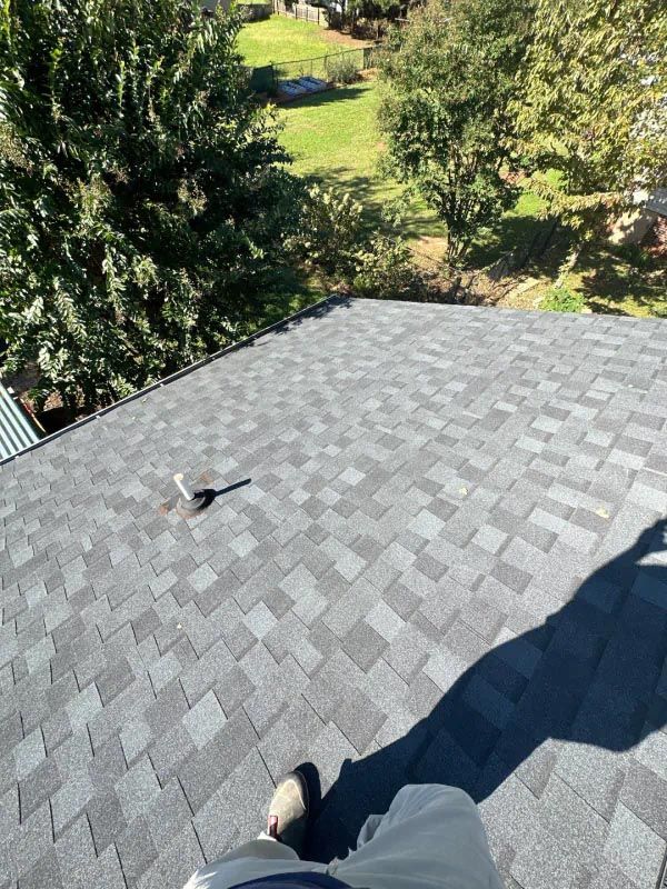 A person is standing on top of a roof with trees in the background.