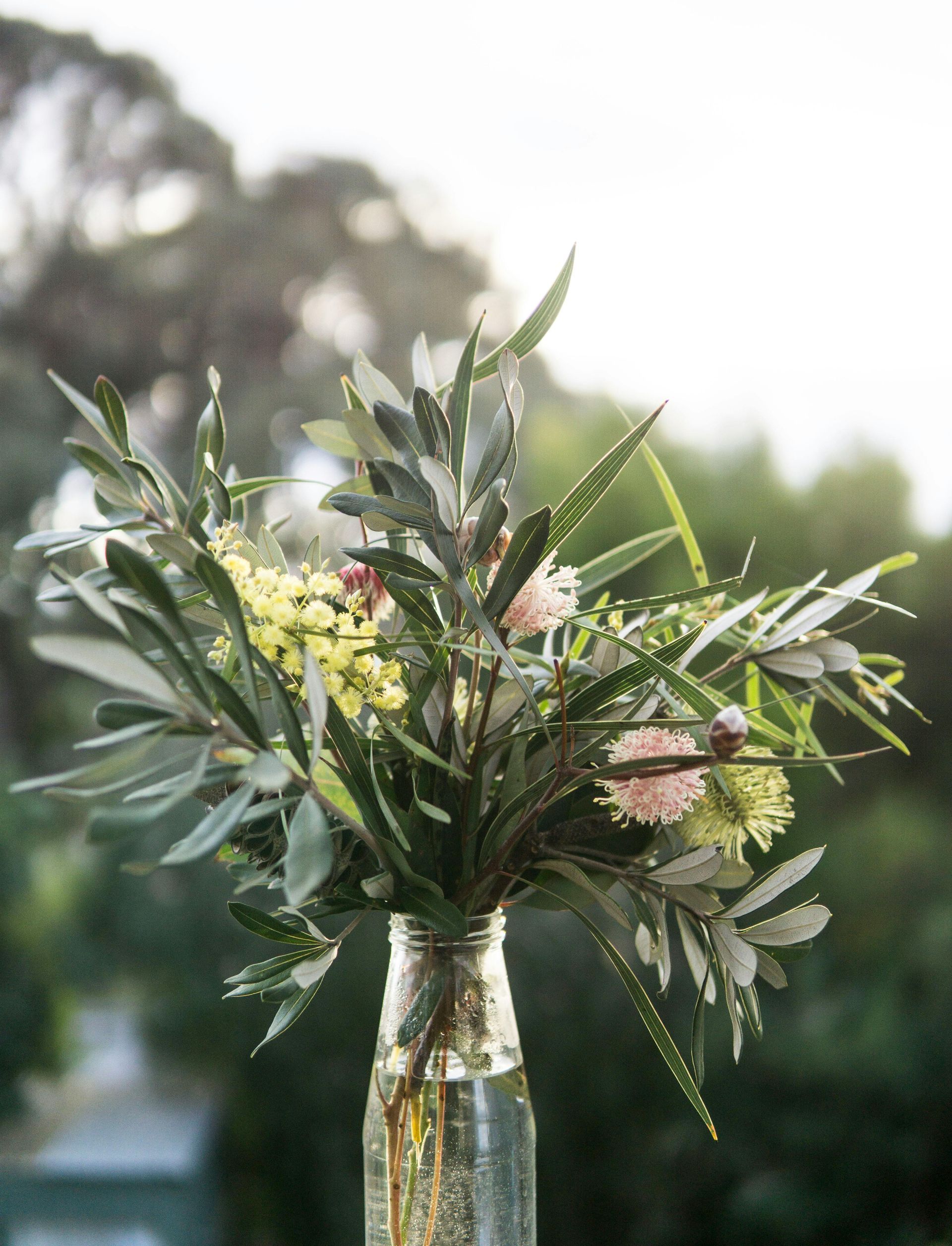 Bouquet of yellow and pink flowers and leafy greens in a clear glass bottle, outdoor setting.