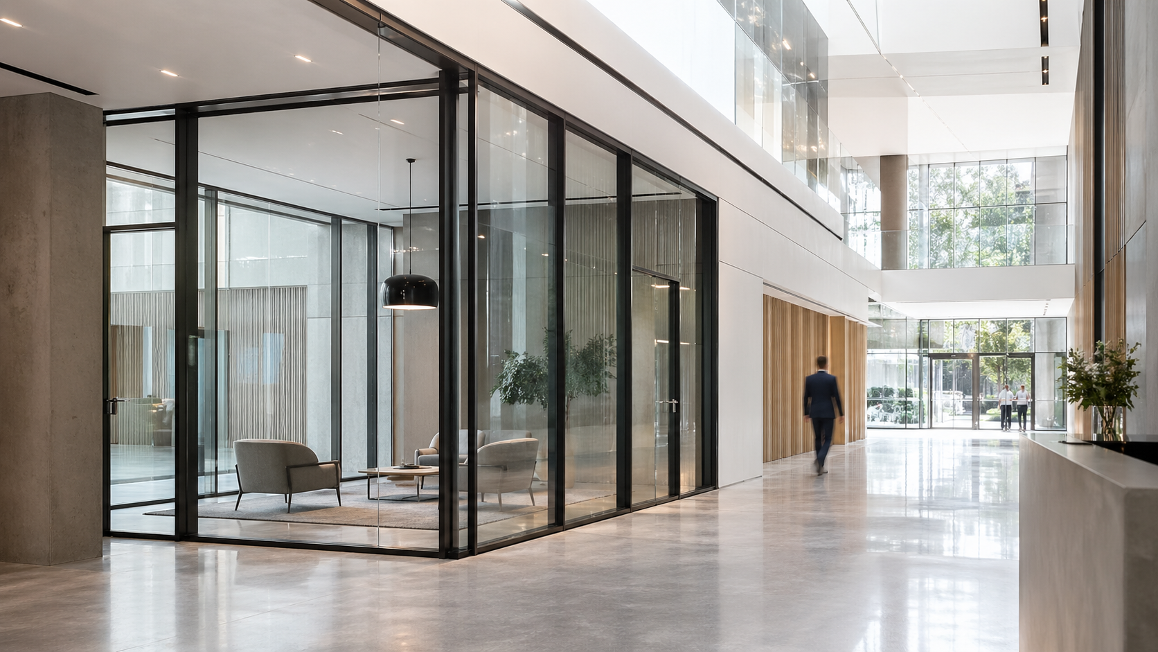 Bright, empty hospital corridor with glass walls and white floors, lit by overhead fluorescent lights