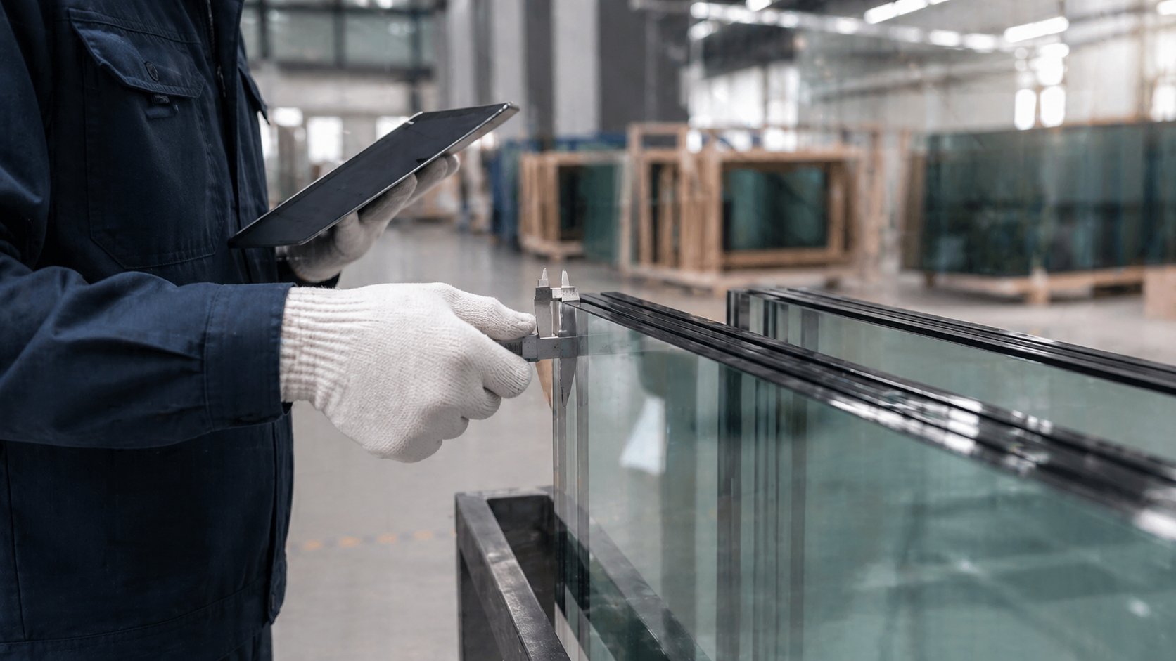 Close-up of a glass partition panel with a metal frame in a bright modern office