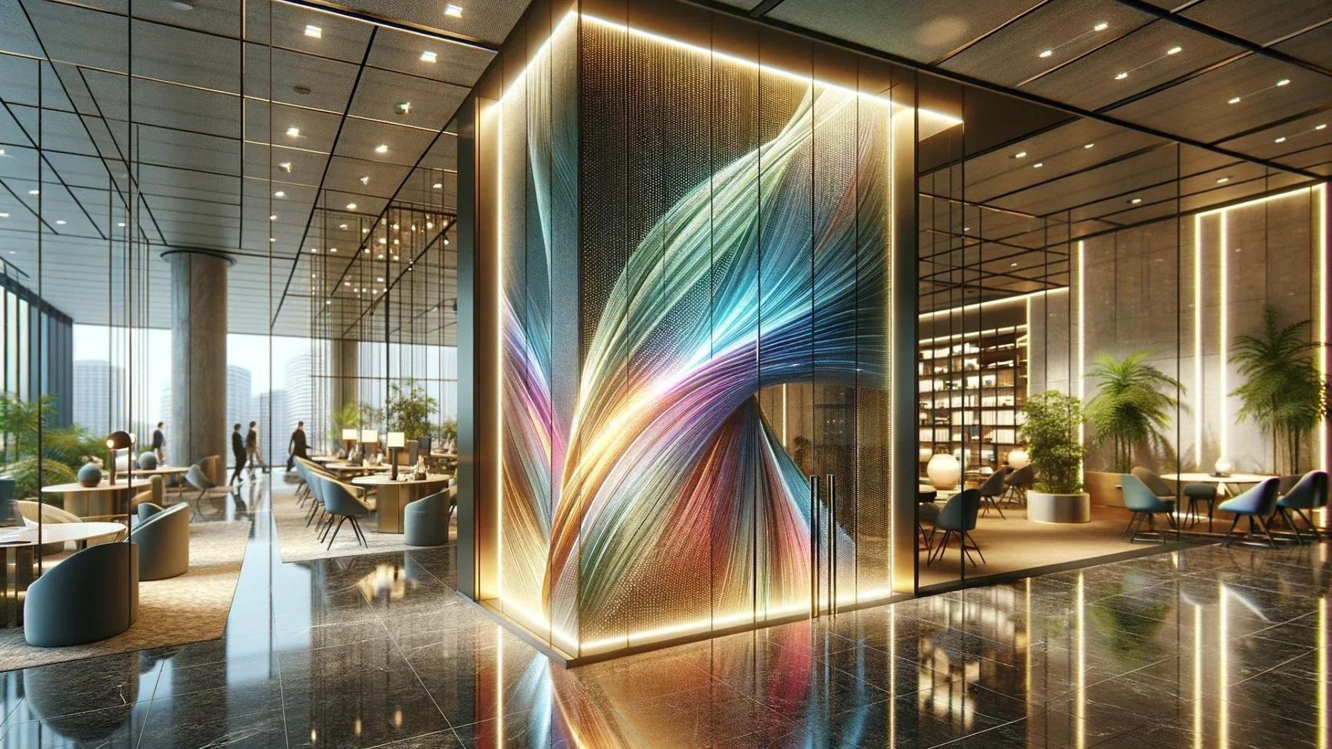 Modern hotel lobby with digital art display, seating areas, and city views.