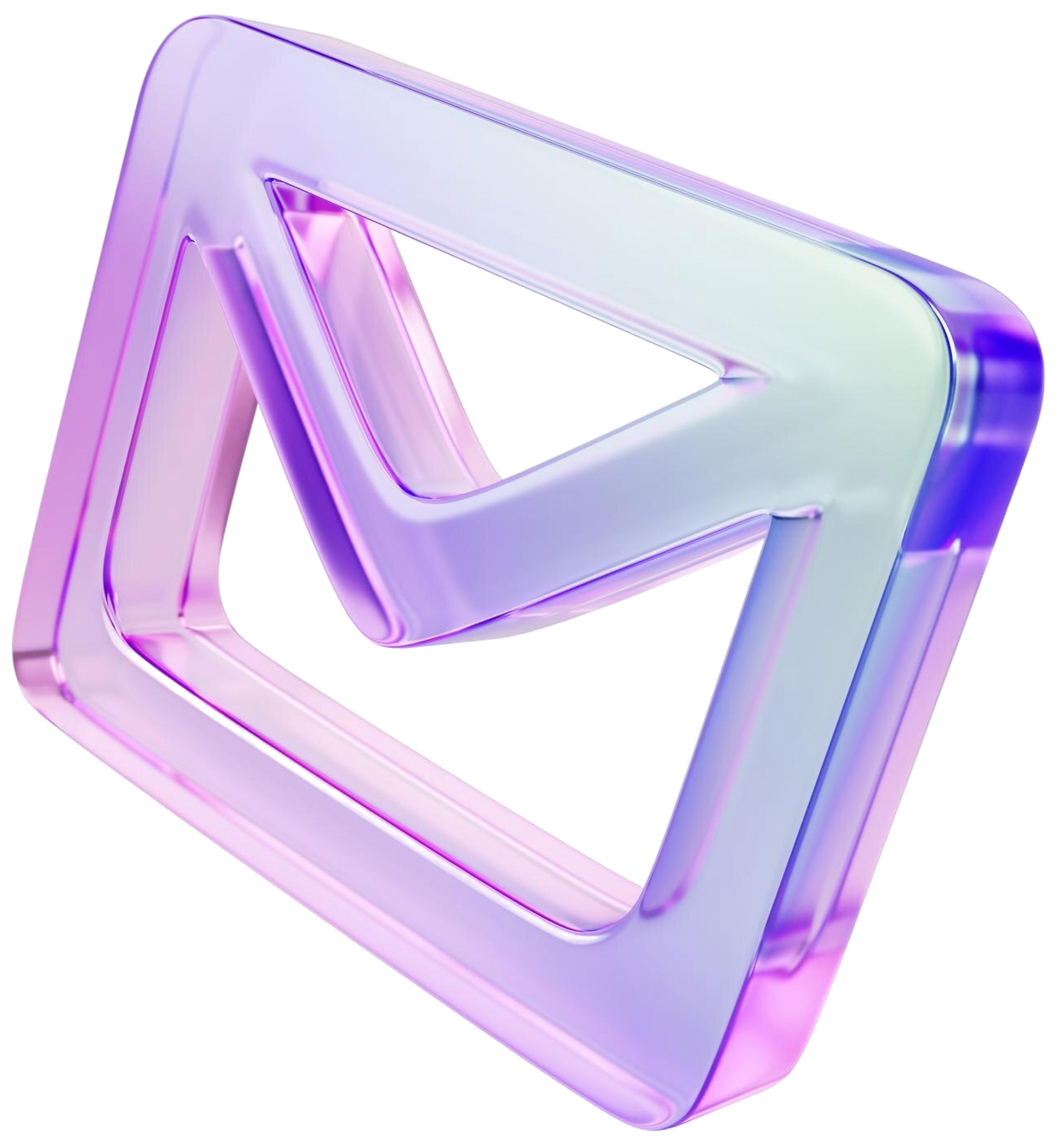 Abstract, iridescent email icon, a translucent purple and blue shape with square exterior and letter-like interior form.