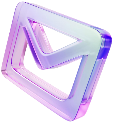 Abstract, iridescent email icon, a translucent purple and blue shape with square exterior and letter-like interior form.