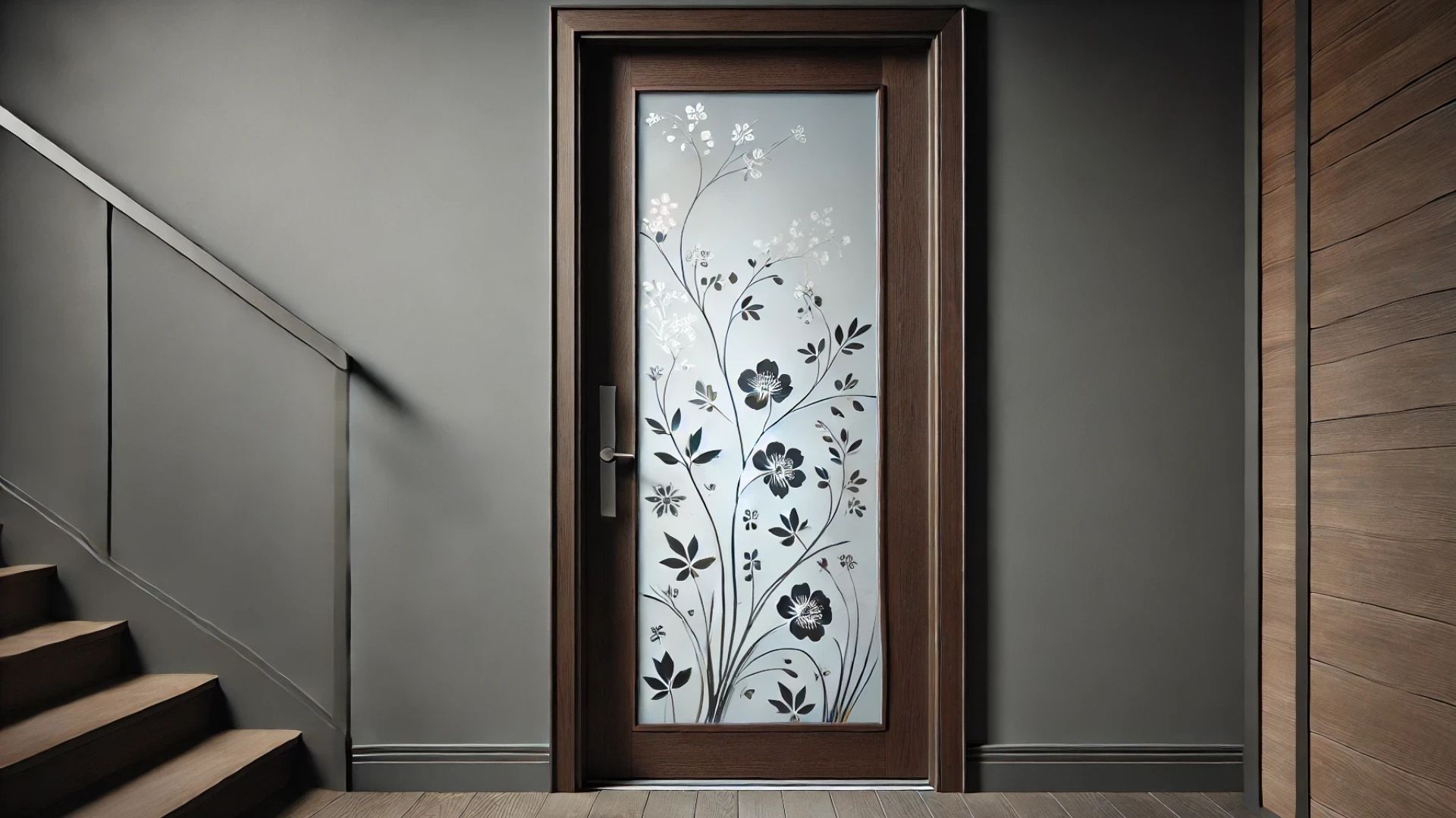 Brown door with floral etched glass in gray hallway. Stairs on the left, wood panel on the right.