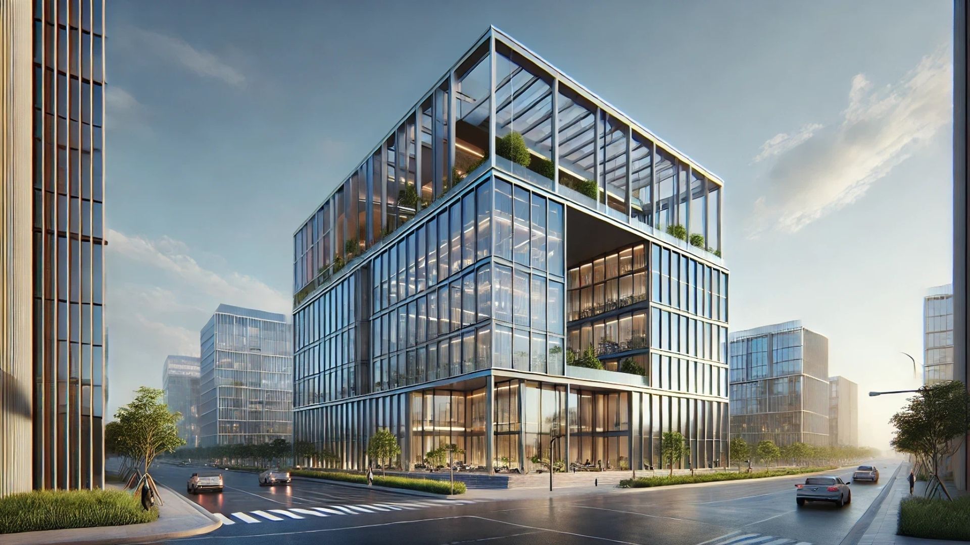 Modern glass and steel office building with open-air top level, set in an urban environment.