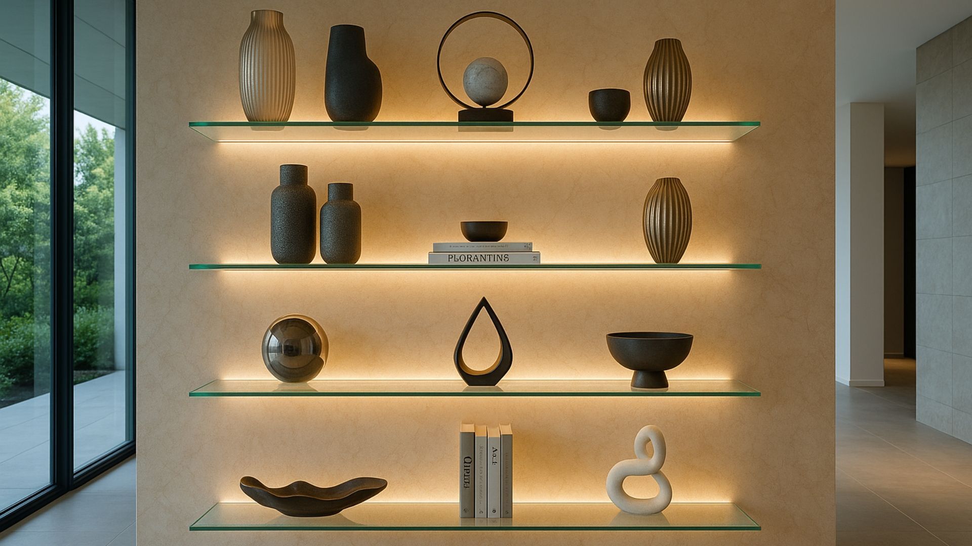Glass shelves with decorative objects, lit from behind, against a beige wall.