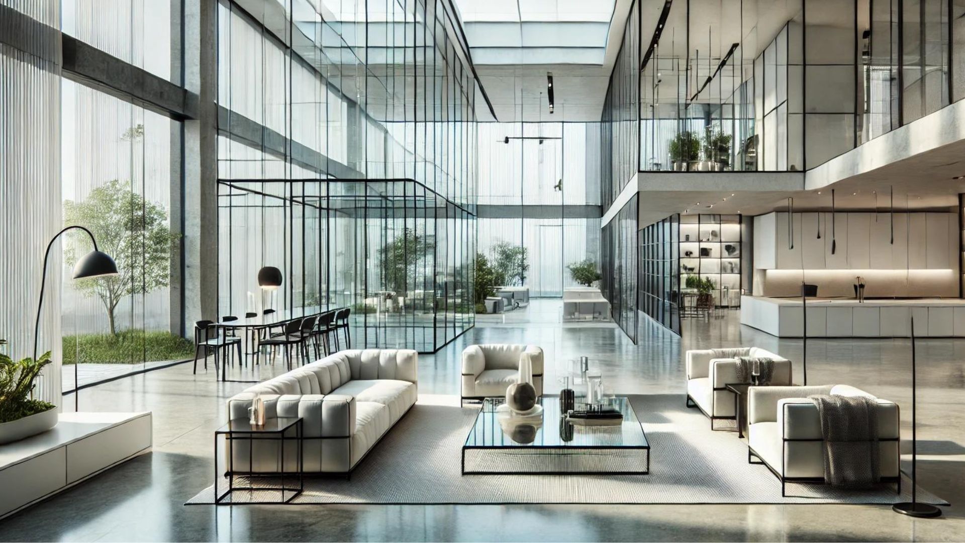 Modern, spacious interior with large glass windows, white furniture, and a central seating area.