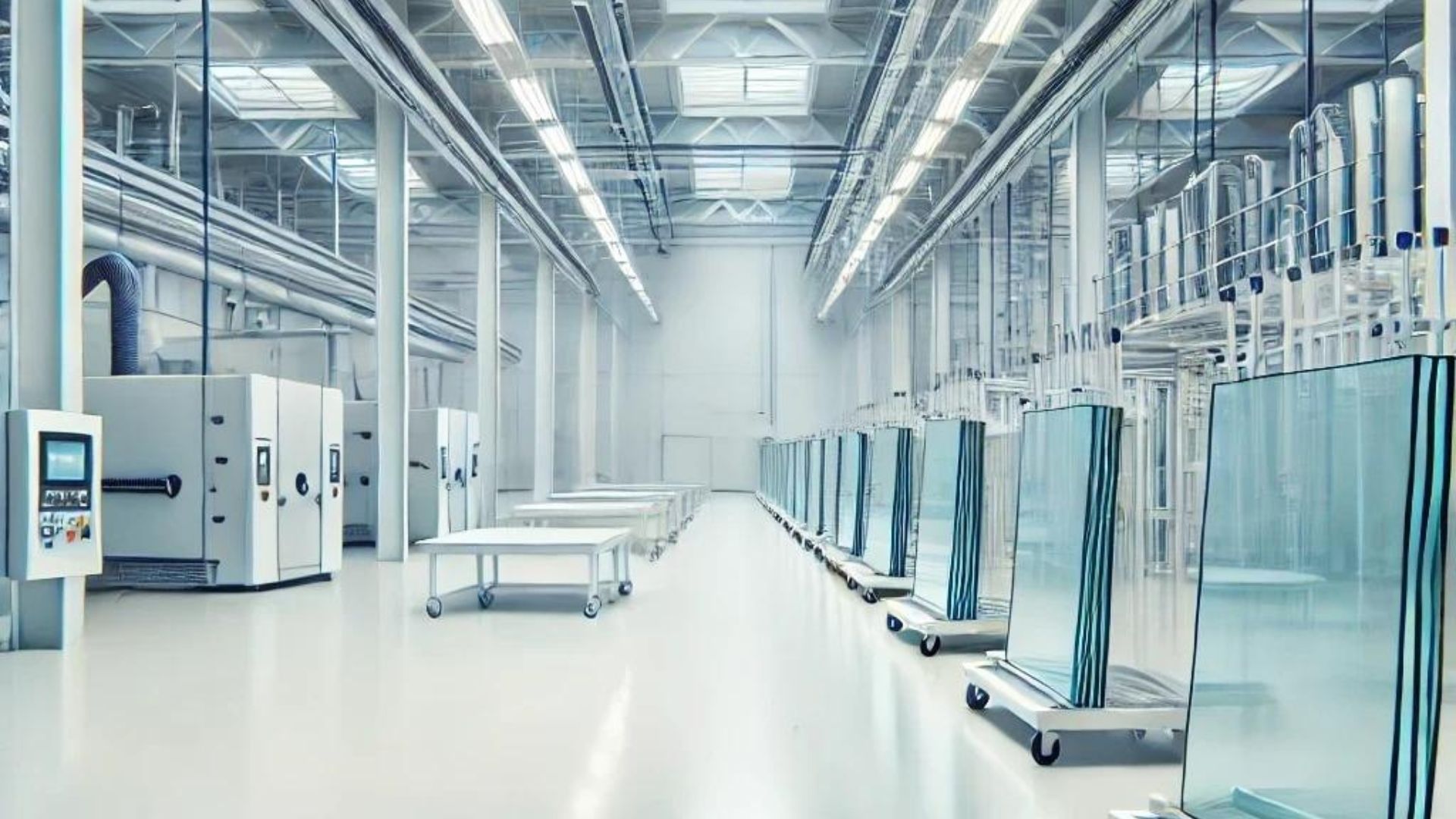 Bright, white industrial interior. Glass panels on rolling carts line the space.