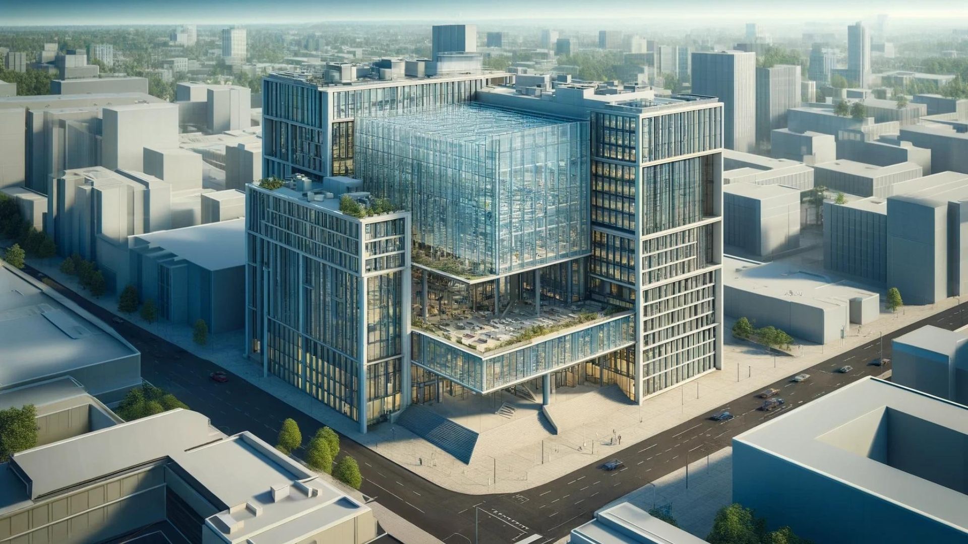 Modern high-rise building with glass facade, surrounded by city buildings and streets.