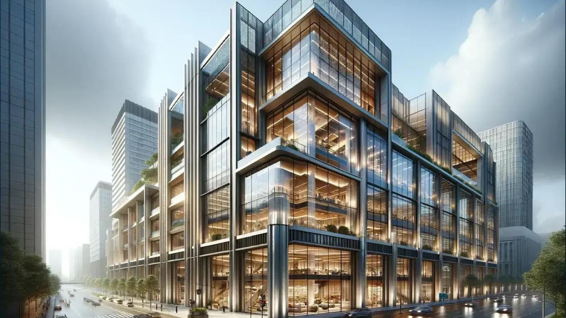 Modern glass and steel office building in a city setting, with many windows, visible interior lighting, and a cloudy sky.