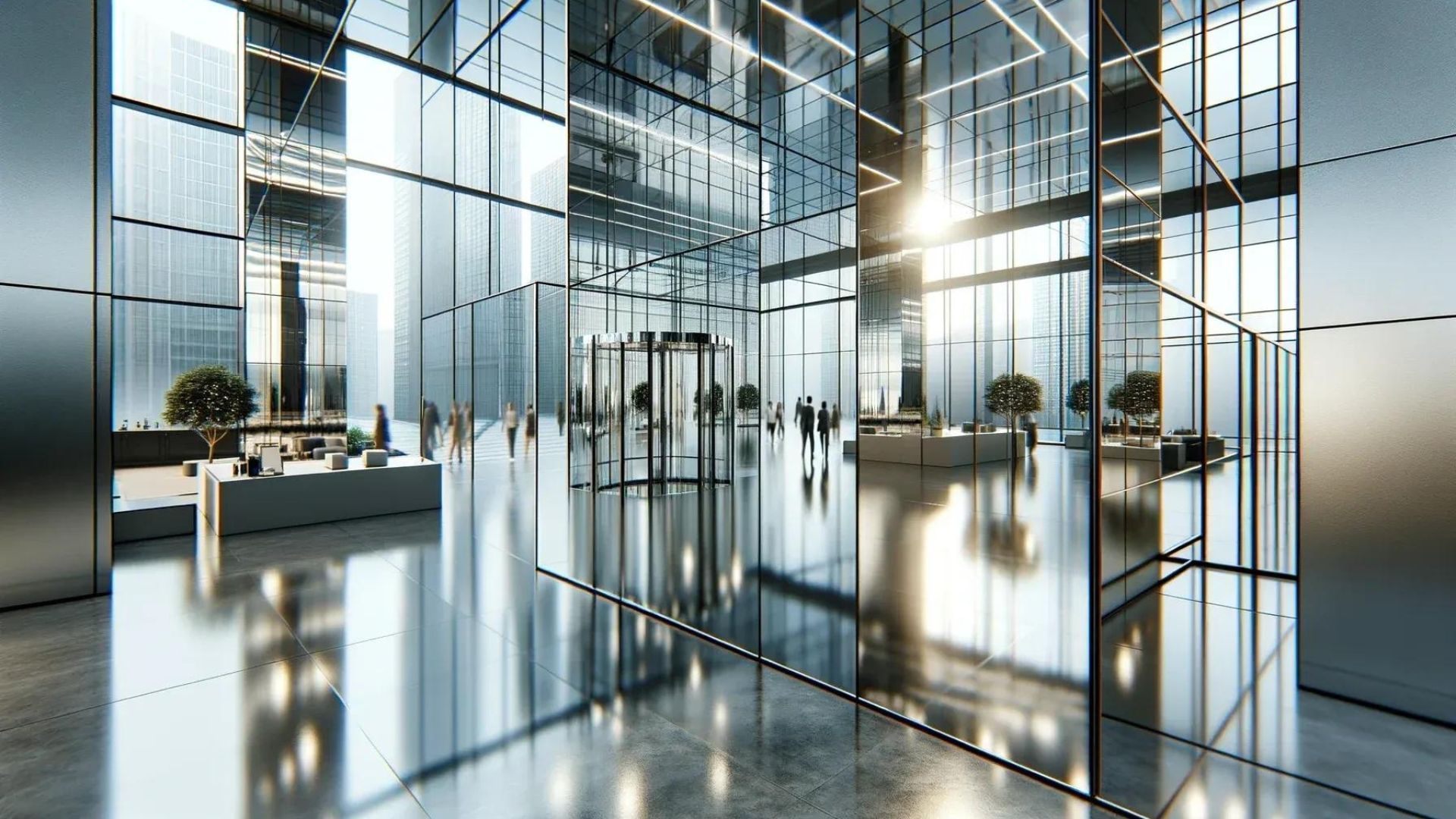 Modern office building lobby with glass walls and reflective floors; people walking near a revolving door.