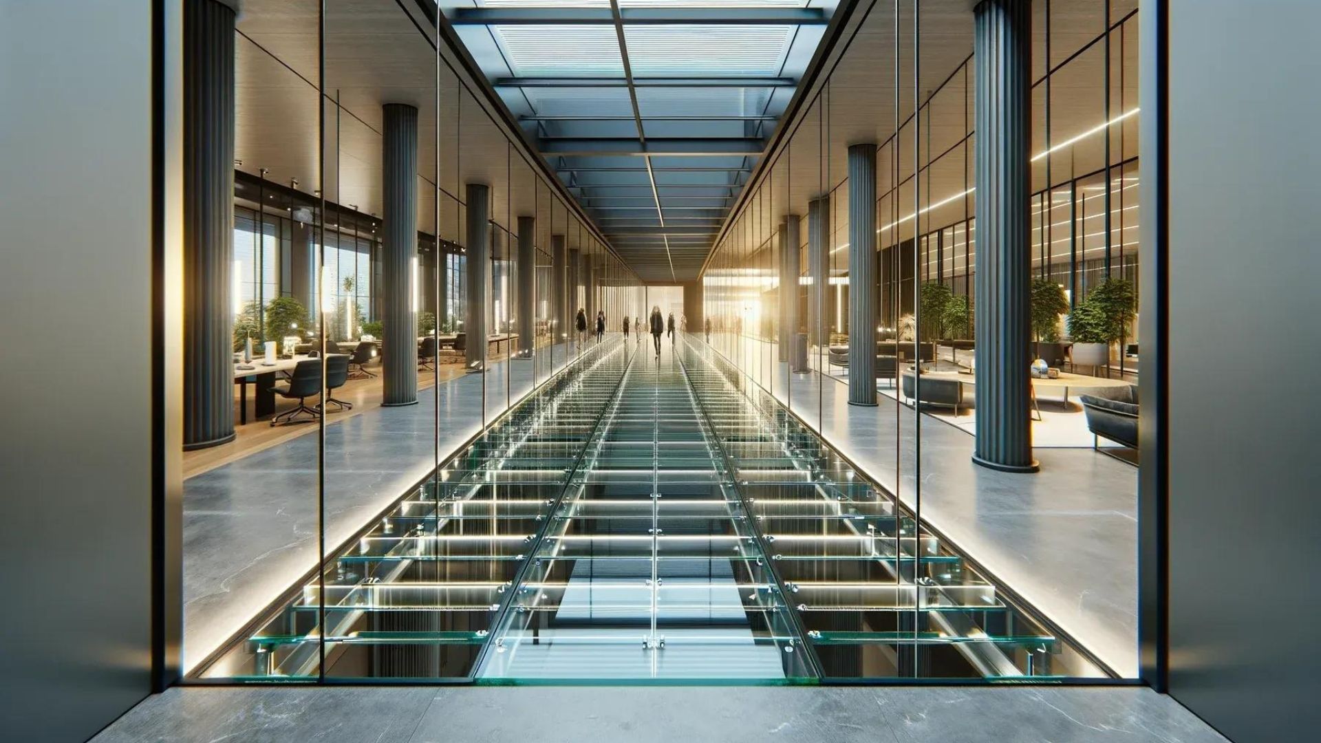 Modern office interior with glass floor and walls, sunlight, and people walking.