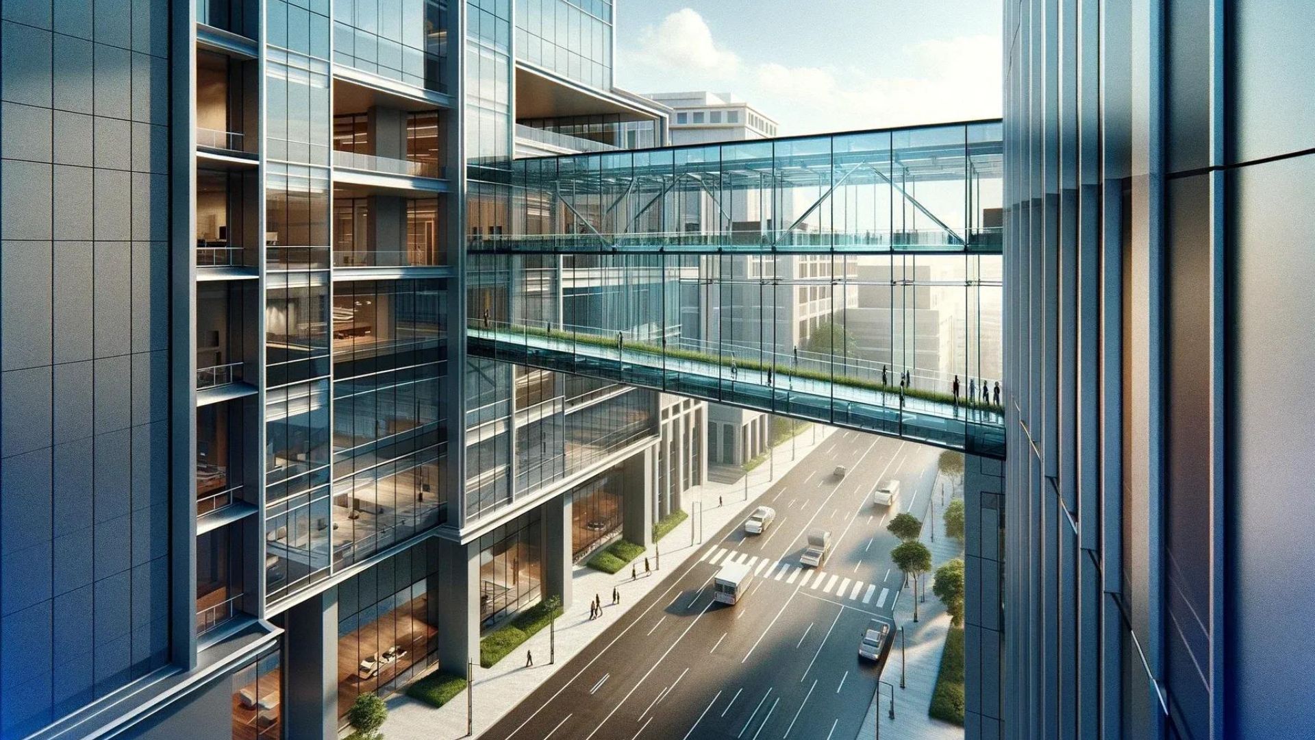 Two modern skyscrapers connected by a glass skybridge over a city street with cars and pedestrians.
