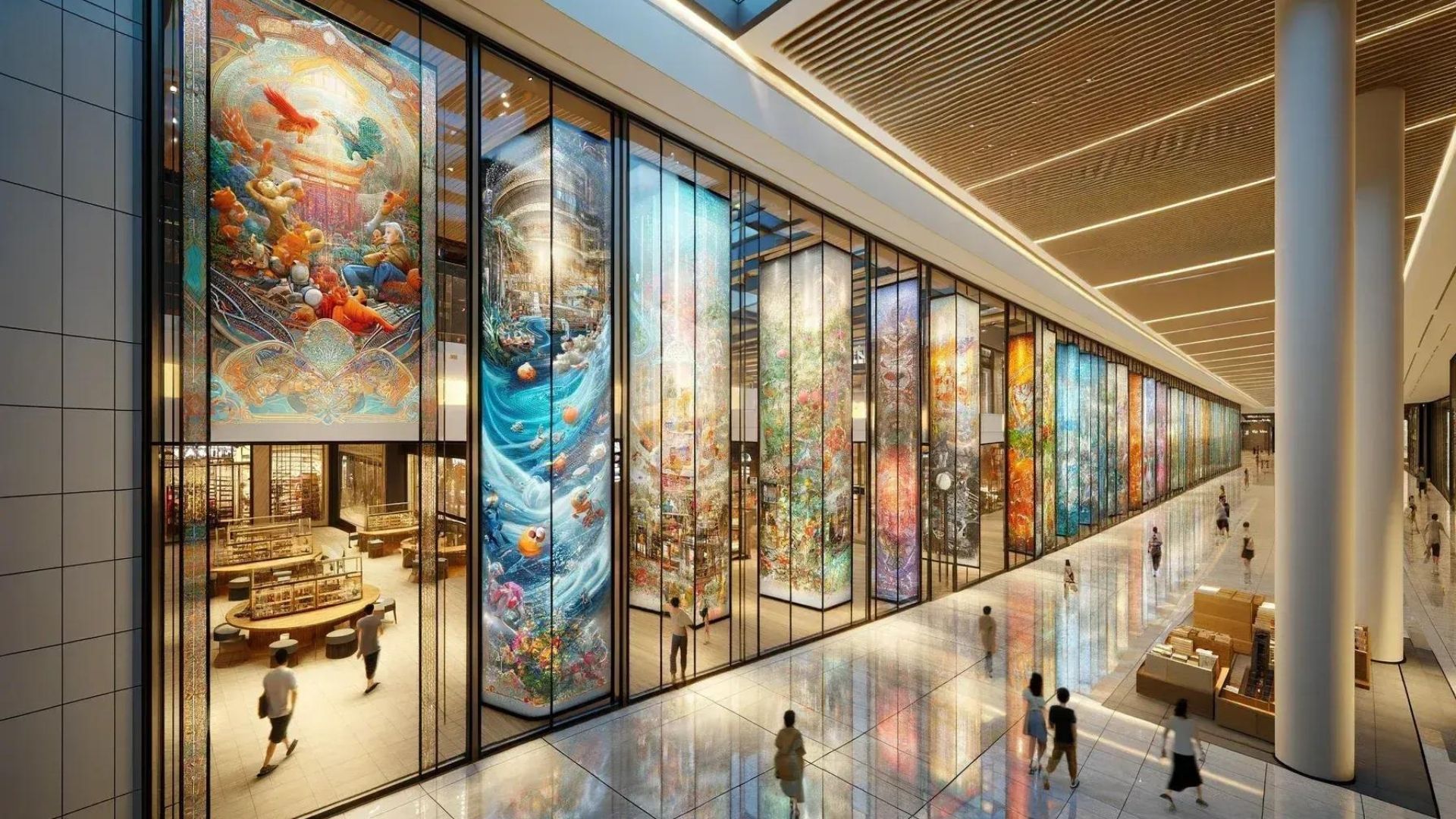 A long gallery with colorful art displays behind glass walls, people walking.