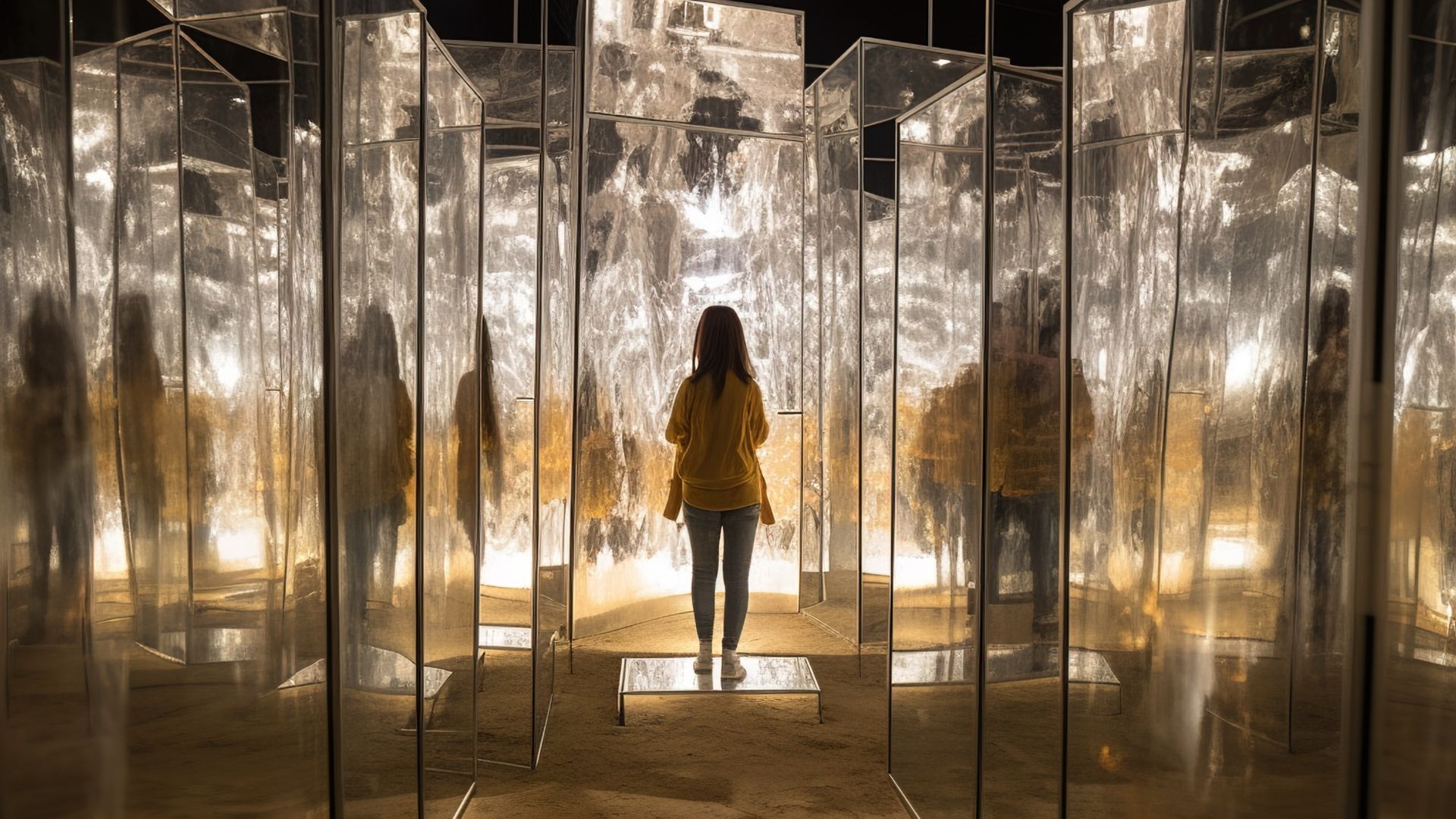 Woman in yellow jacket stands in mirrored art installation with reflective walls and floor.