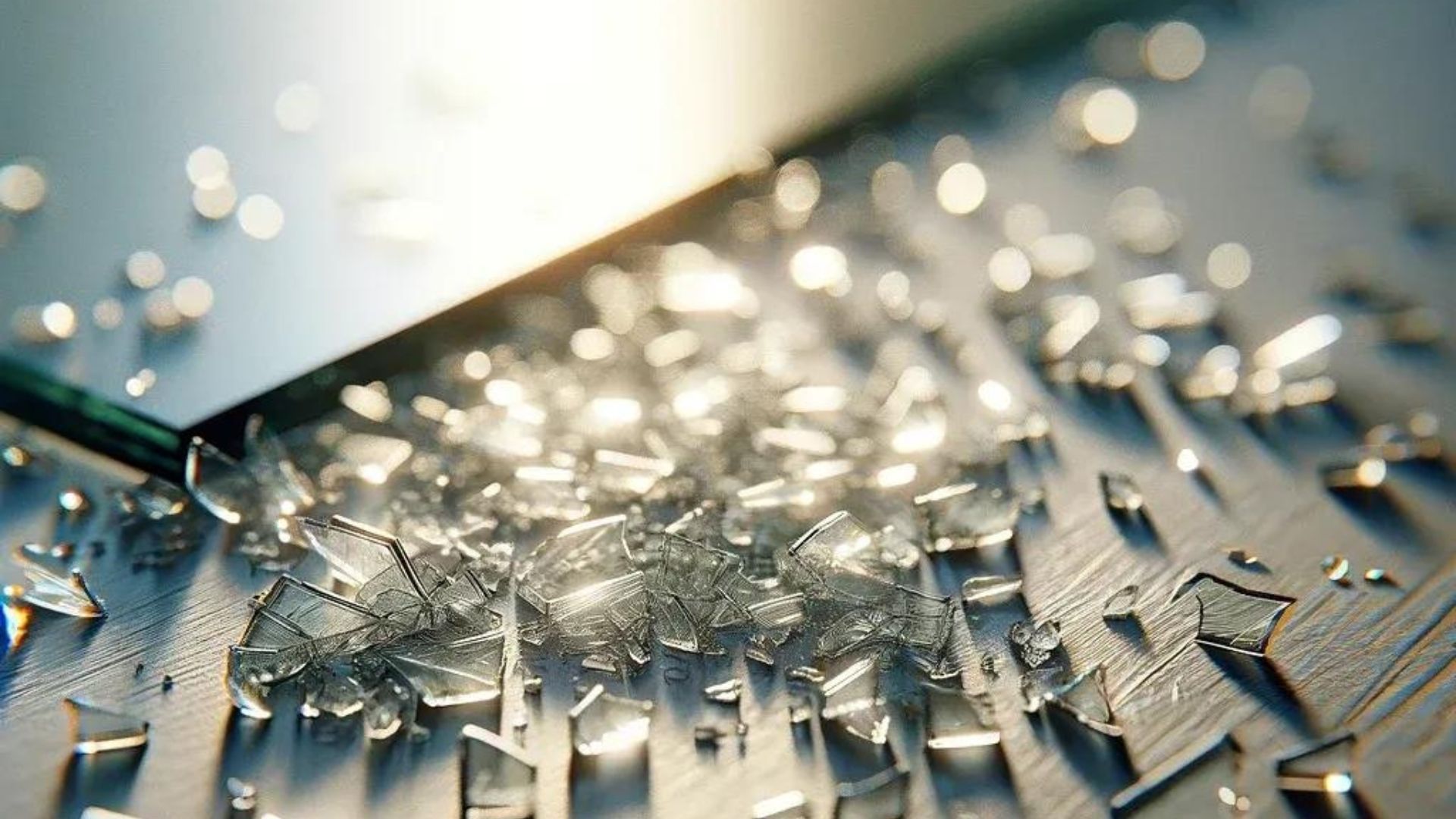 Shattered glass on a reflective surface, with sharp shards scattered. Bright light shines through.