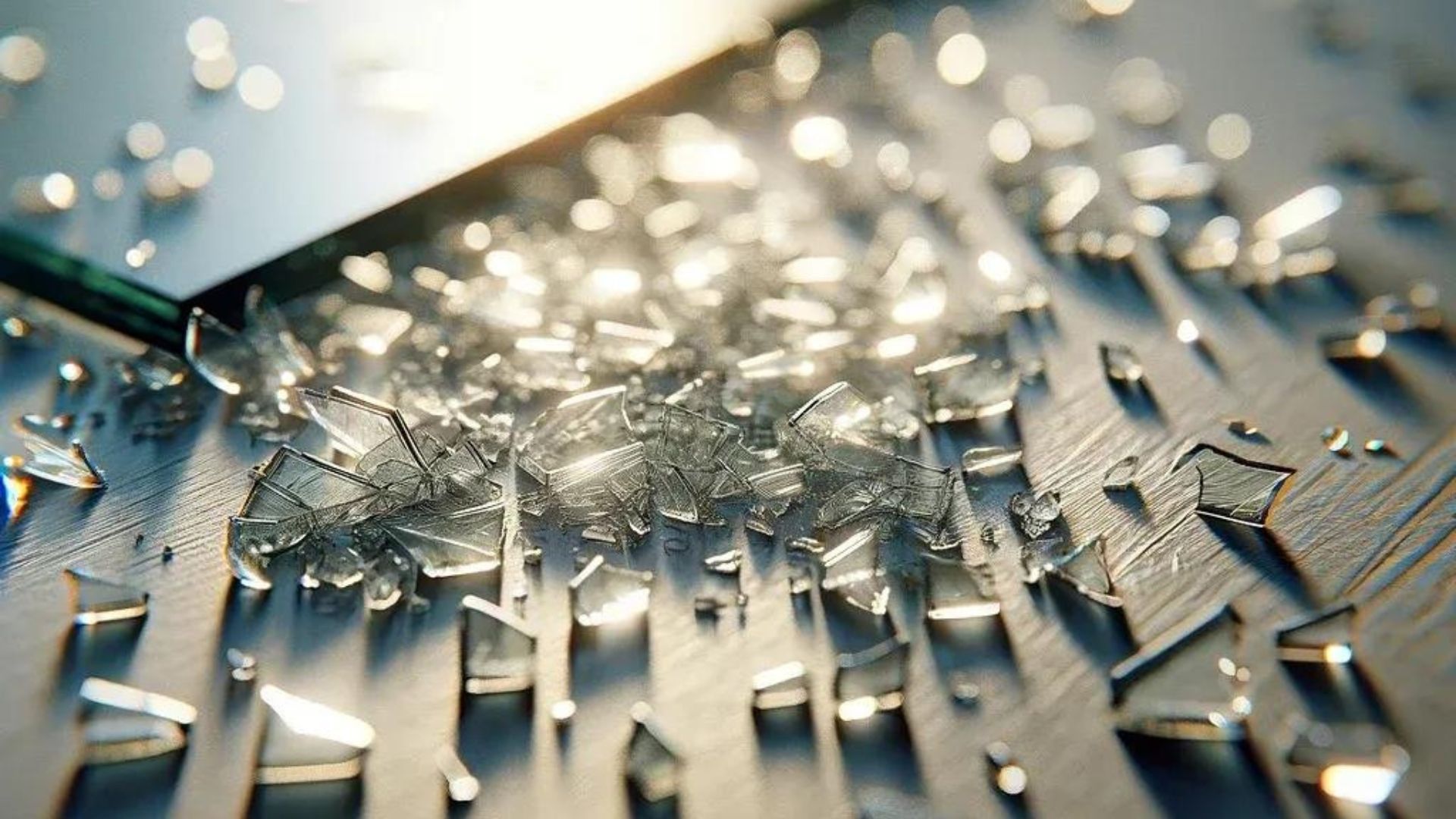 Shattered glass on a reflective surface, with sharp shards catching the light, and casting shadows.