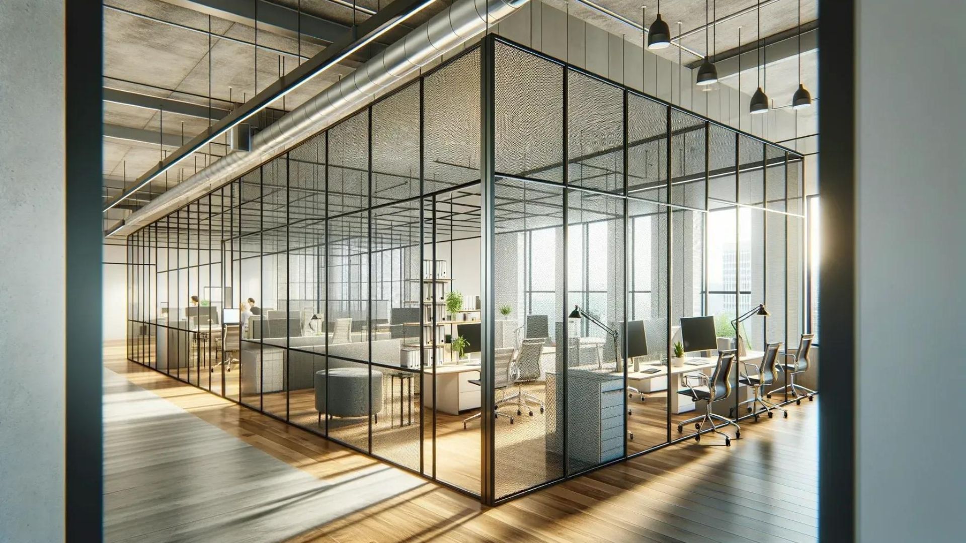 Modern office space with glass-walled cubicles, desks, chairs, and sunlight streaming through windows.