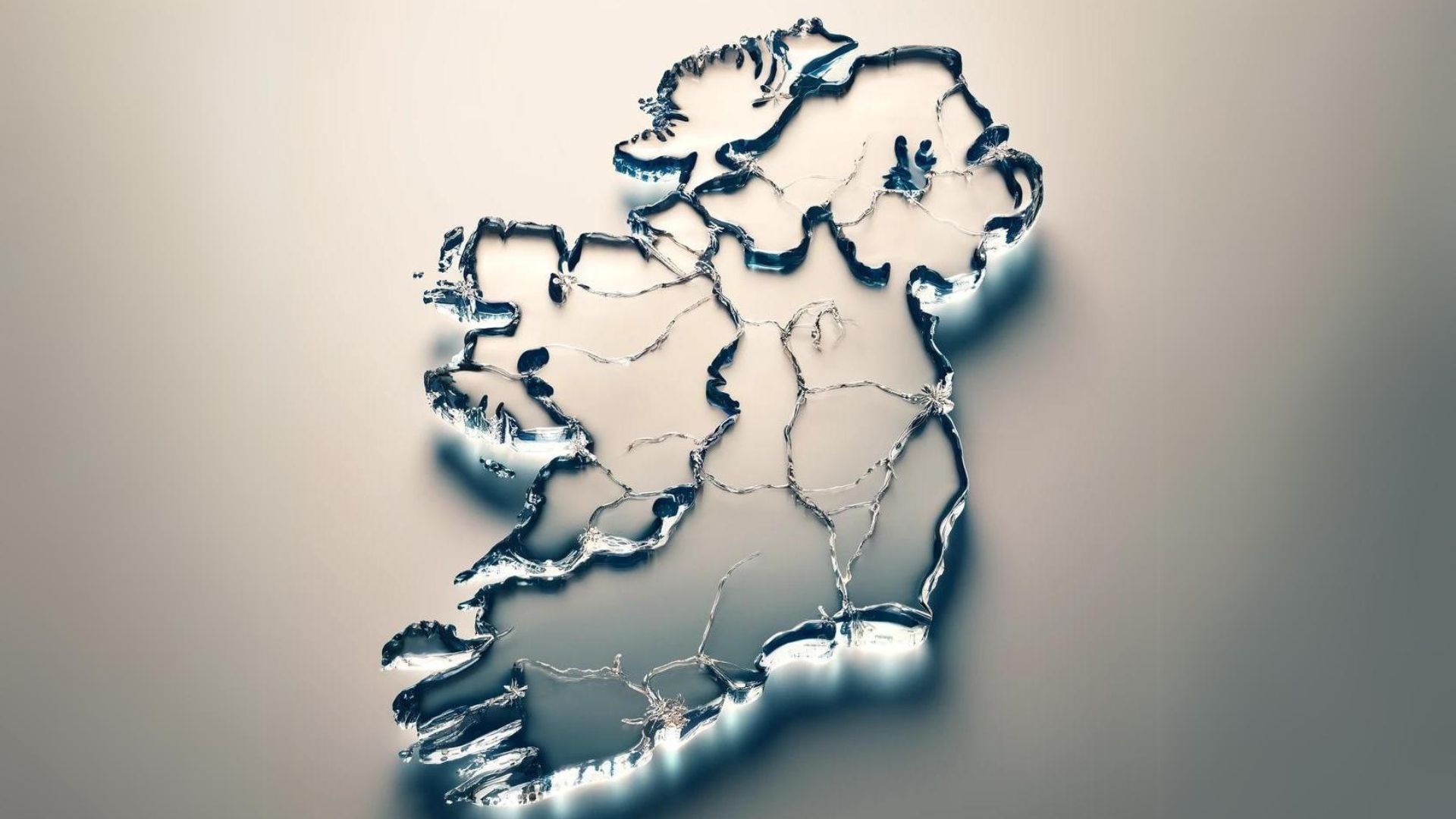 Outline of Ireland, glowing with a soft, blue-white light, on a light gray background.