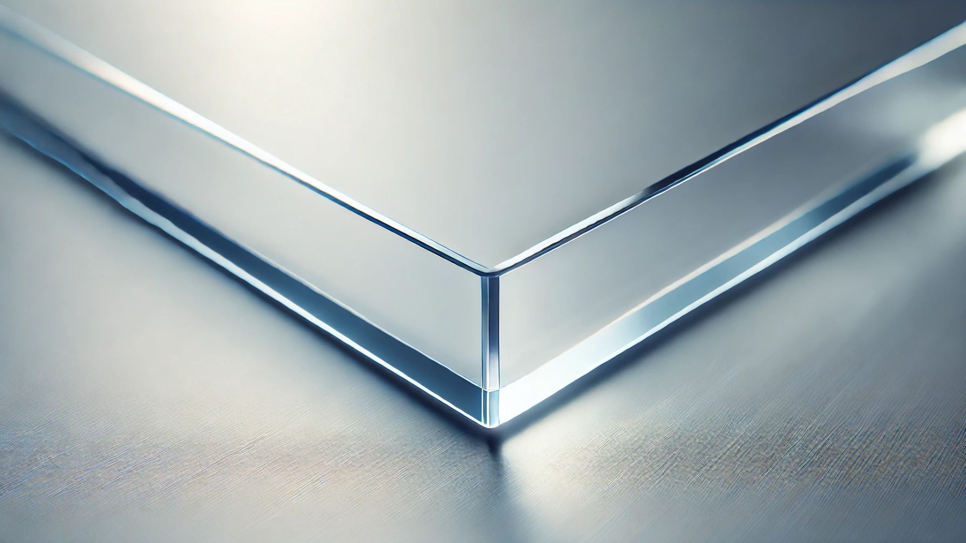 Corner of a transparent glass panel reflecting a bright light.