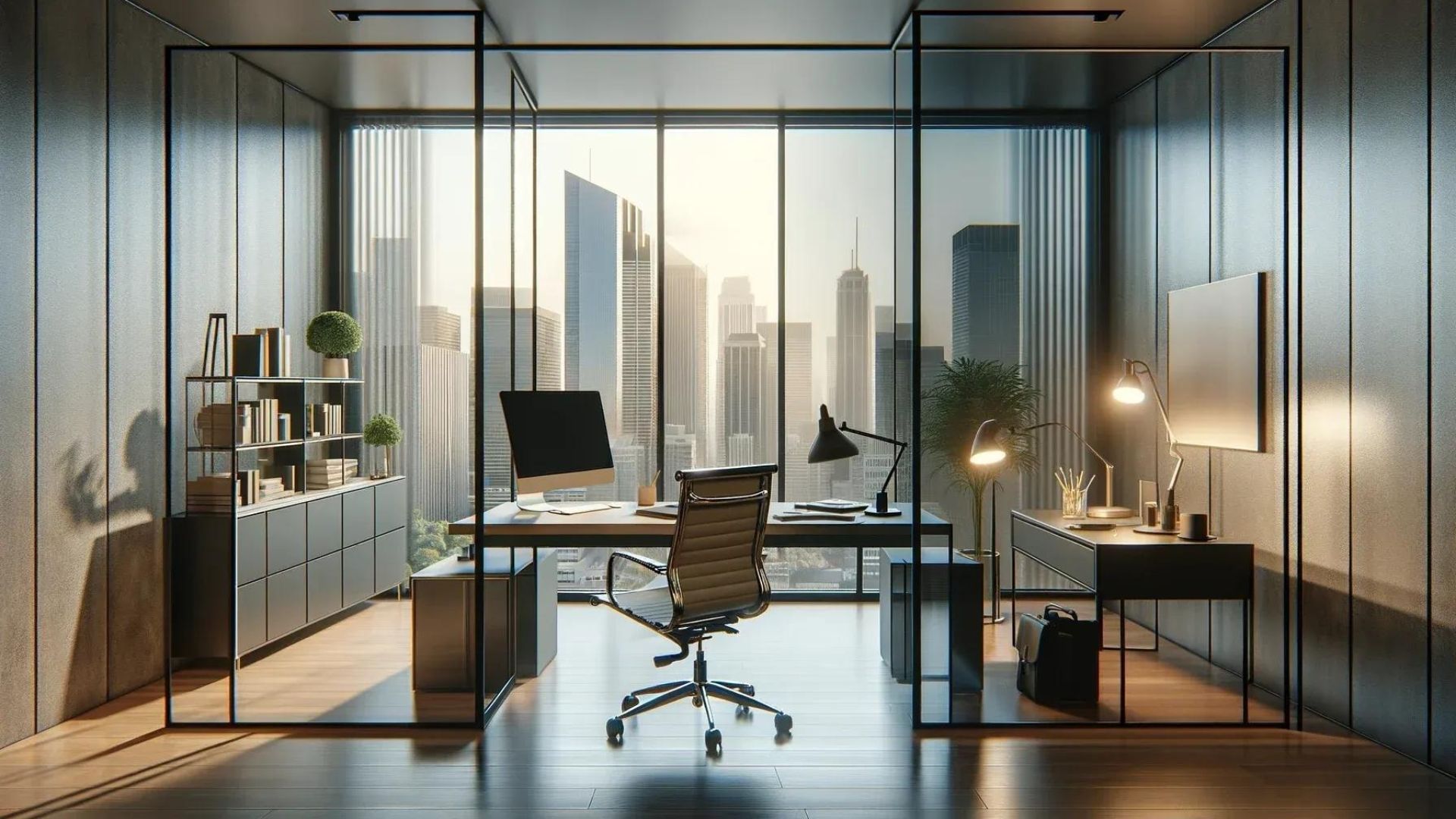 Modern office with glass walls, desk, city view, and black office chair.