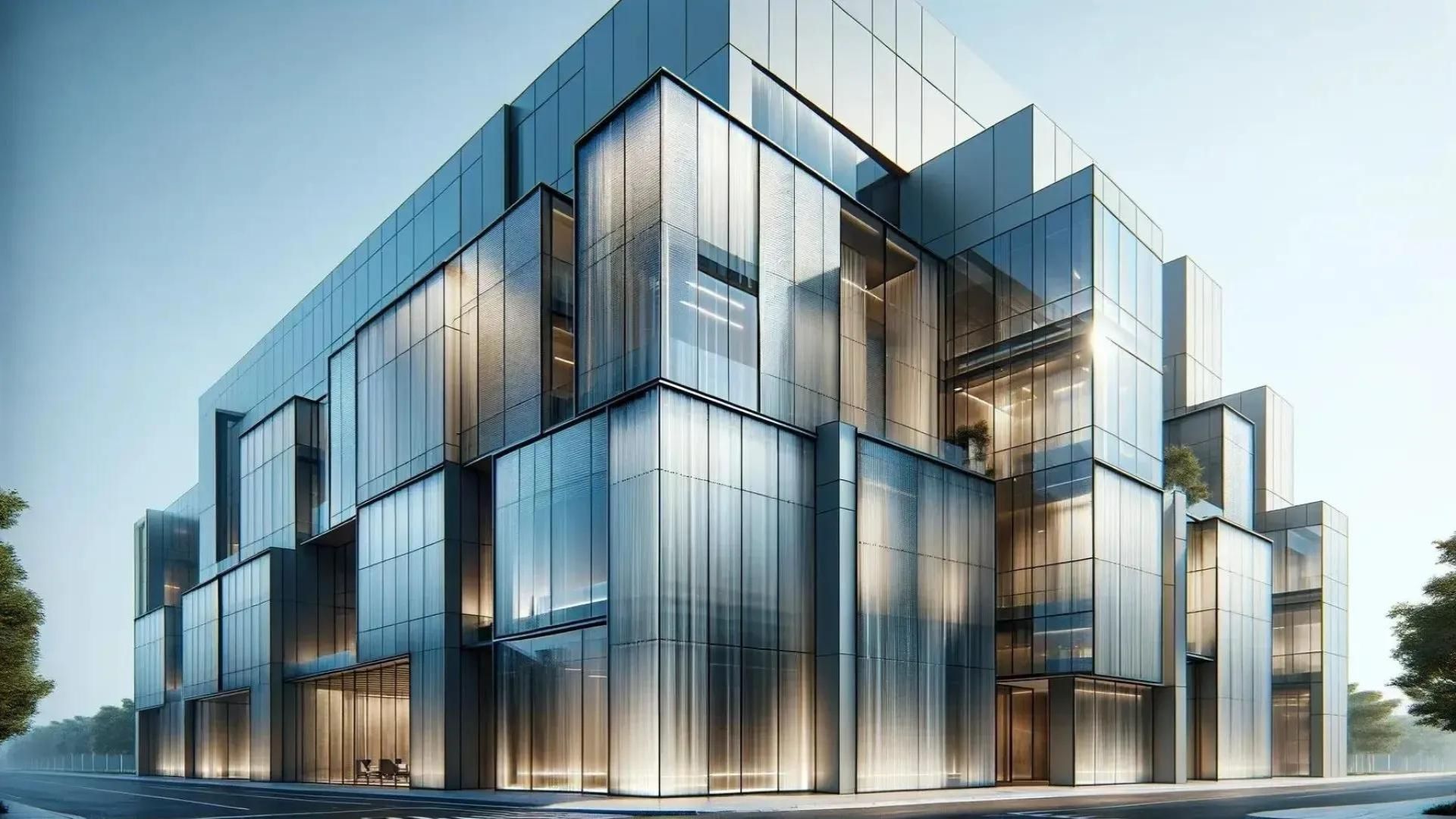 Modern glass building with various rectangular shapes reflecting the sky.