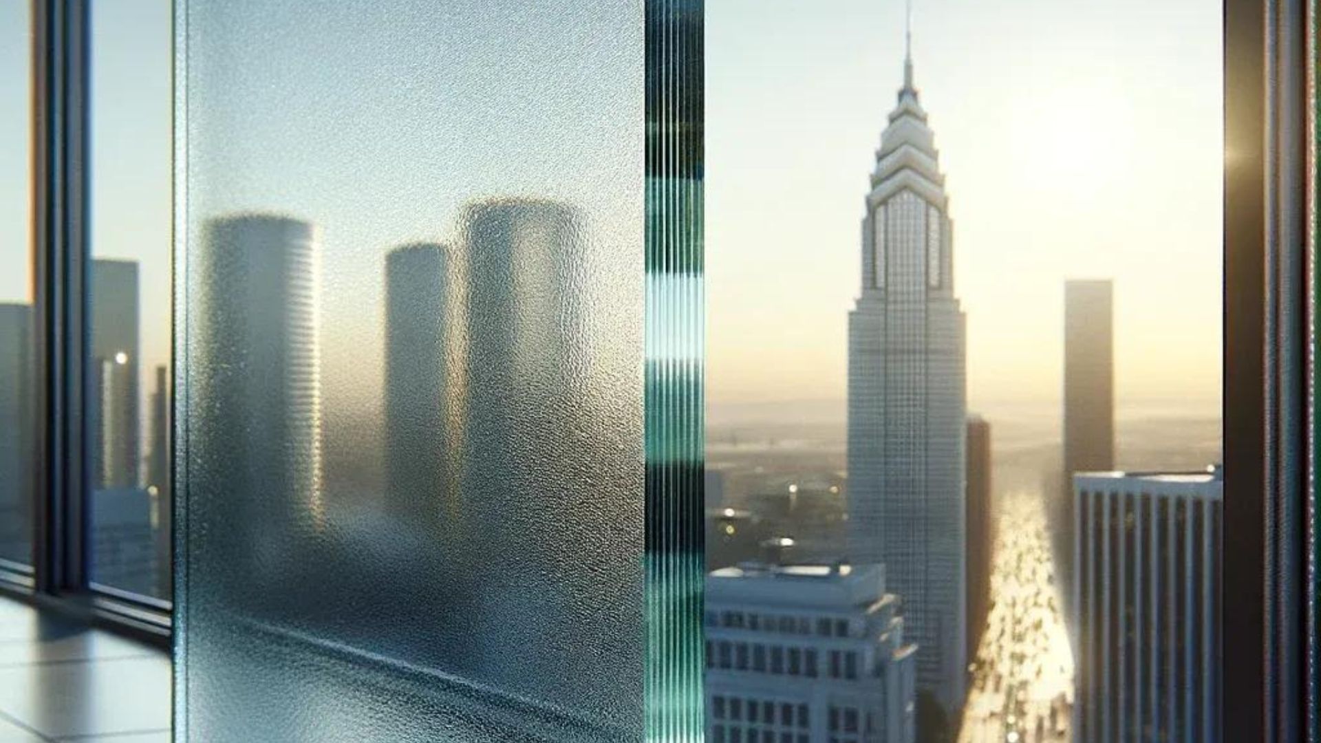 City skyline through frosted glass, sunlight, including the Chrysler Building.