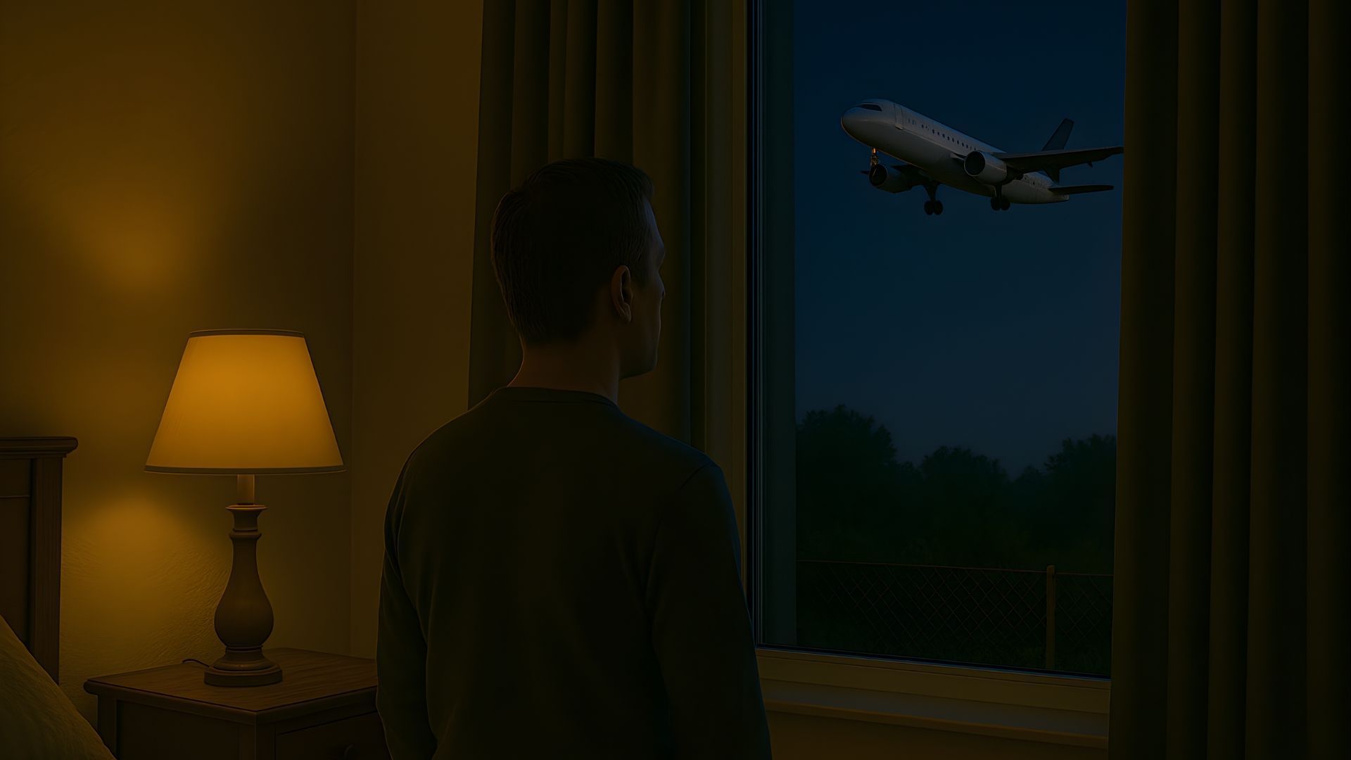 Man looking out a window at a plane taking off at night. Interior room, lit lamp, dark outside.