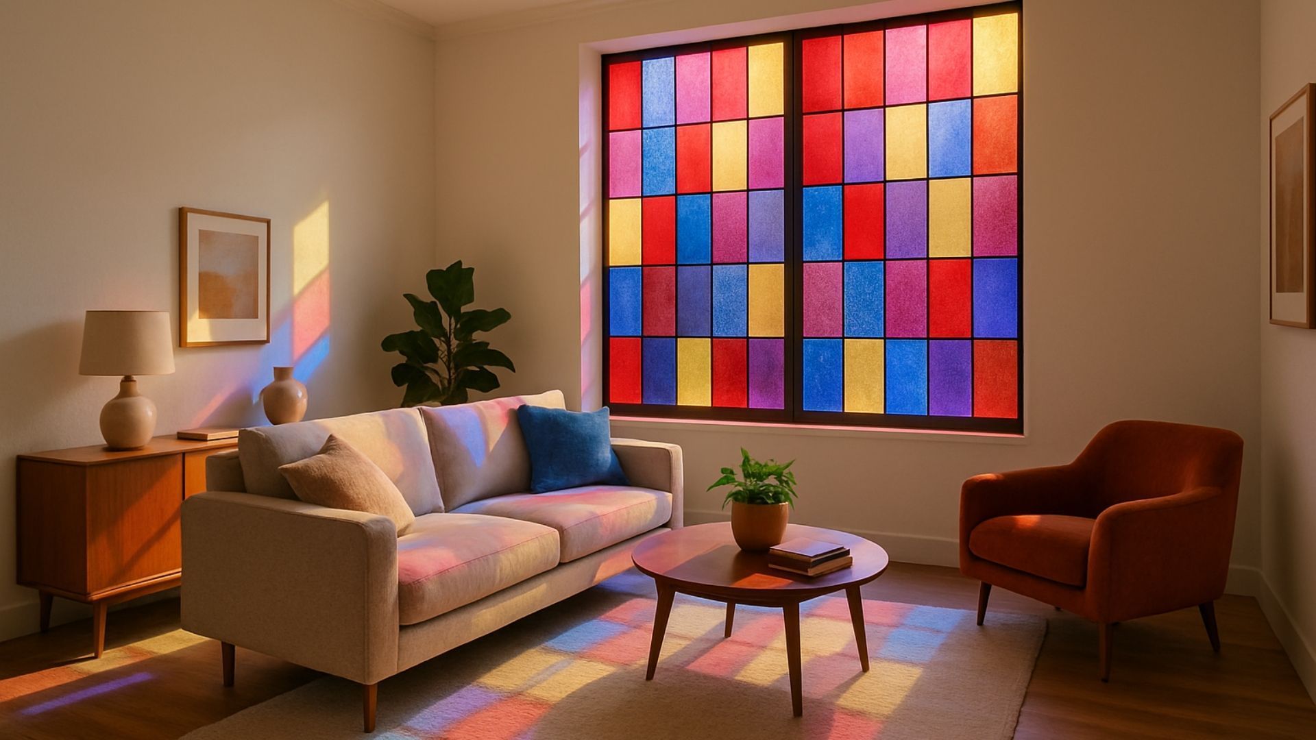 A living room with colorful stained-glass window, a sofa, armchair, and coffee table. Light casts rainbow hues.