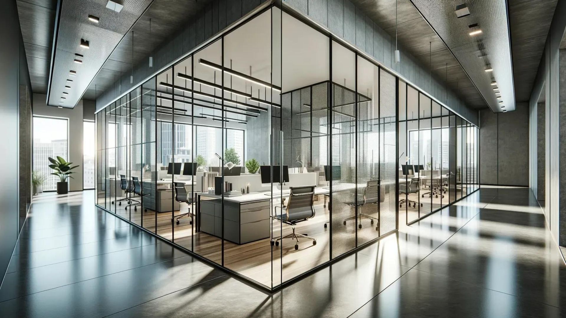 Modern office space with glass walls, desks, and chairs, concrete ceiling, and city view.