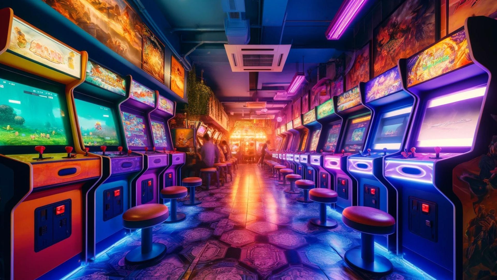 Rows of illuminated arcade games in a neon-lit arcade. Colorful lights reflect on the floor and machines.