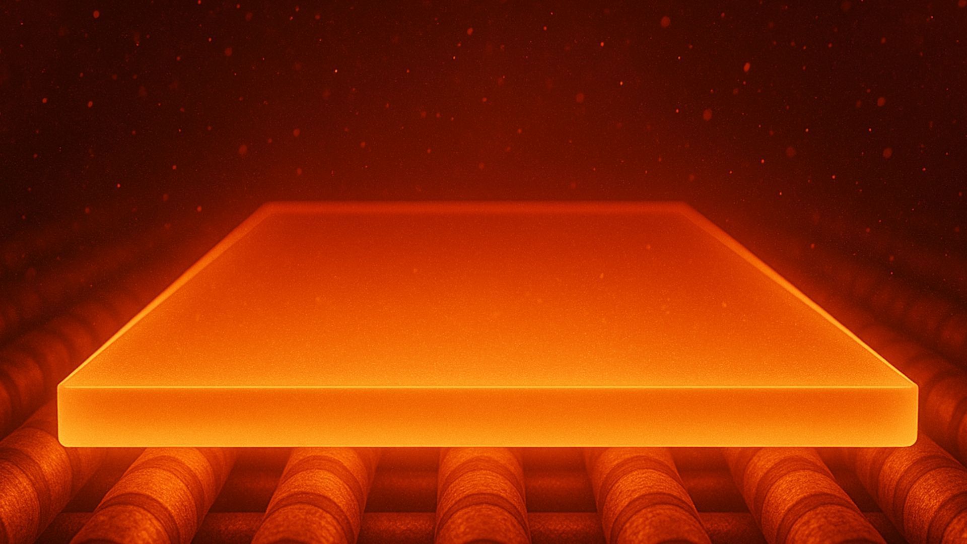 Glowing red-hot metal slab on a rack inside a furnace.