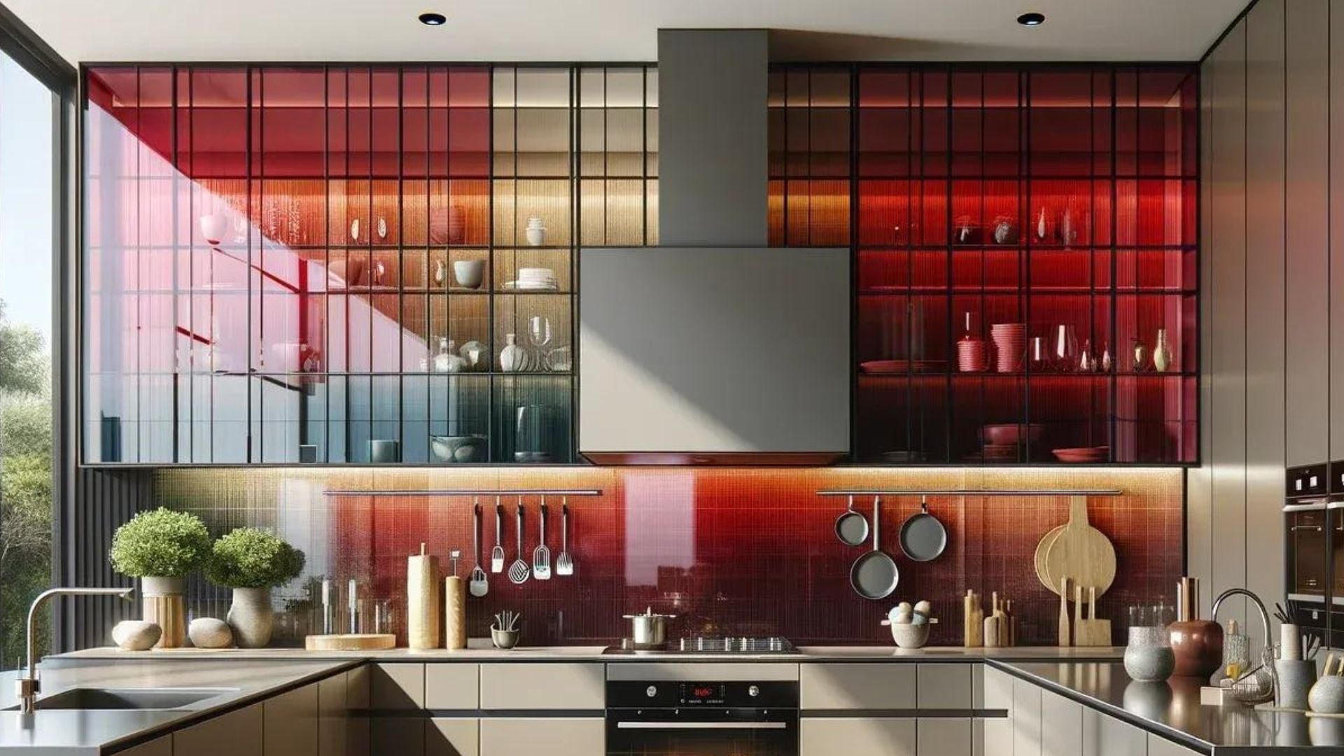 Modern kitchen with red and yellow glass cabinets, stainless steel appliances, and cooking utensils.