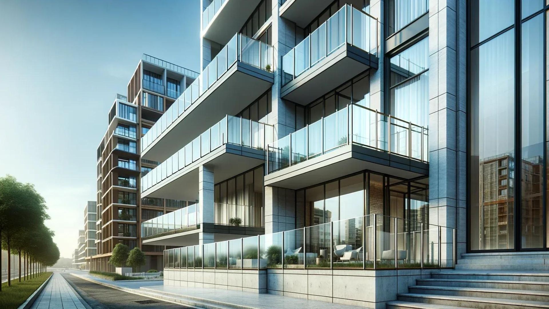Modern high-rise apartment building with glass balconies and large windows on a sunny day.