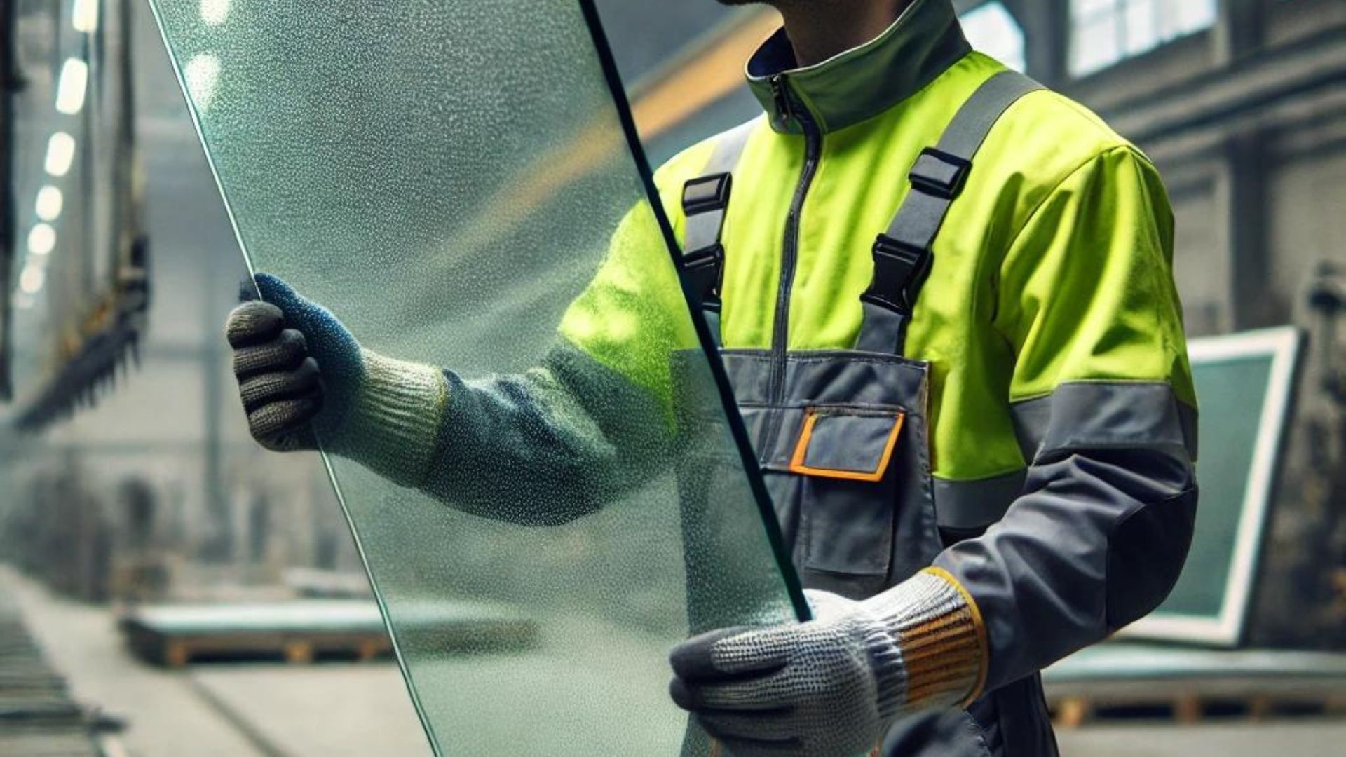 Worker in safety gear holding a large pane of glass in a factory setting.