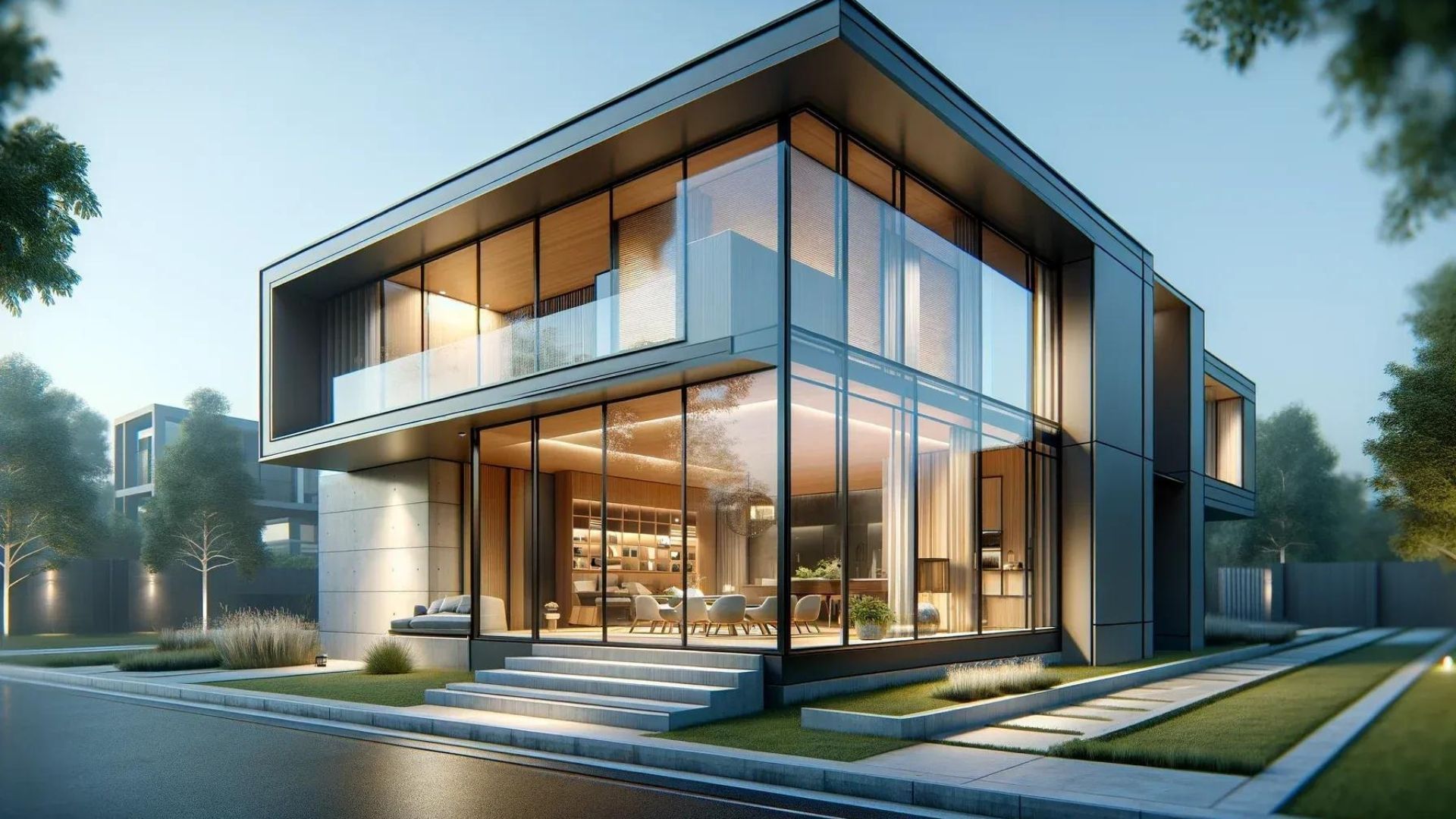 Modern two-story house with large glass windows and minimalist design, exterior view with manicured lawn.