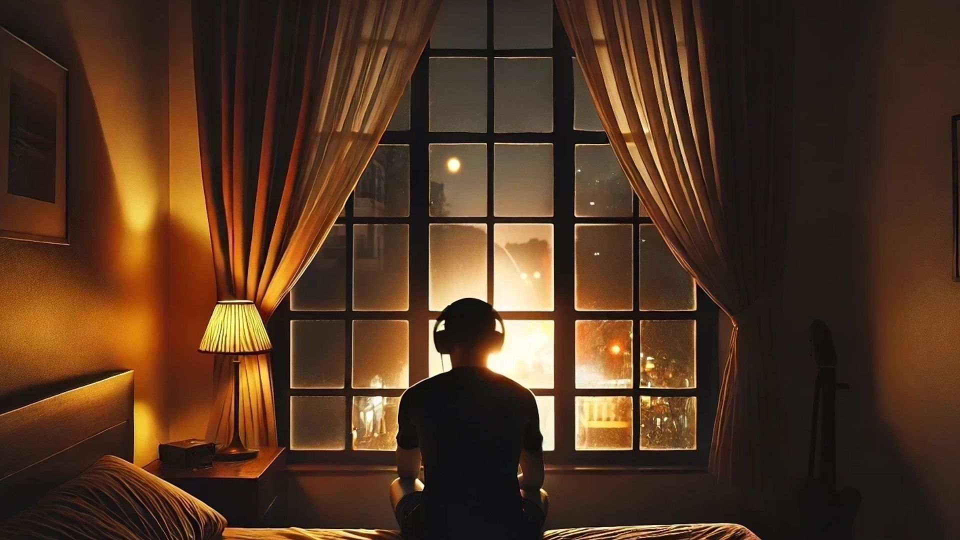 Person wearing headphones sits on a bed, looking out a window at night, city lights visible.
