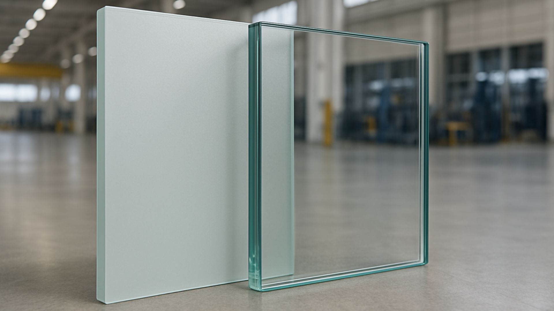 Two glass panes: one frosted, one clear, standing on a factory floor.